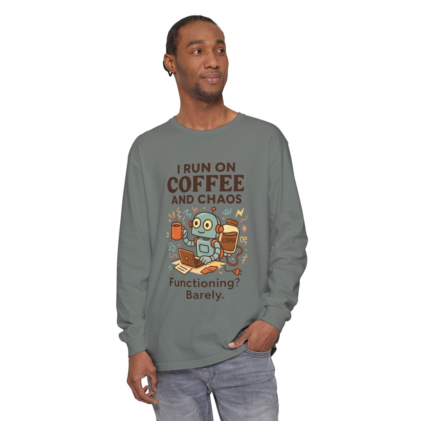 Coffee Chaos Long Sleeve Tee, Funny T-Shirt, Quirky Gift for Coffee Lovers, Unisex Top for Busy Lives, Work from Home Humor Tee