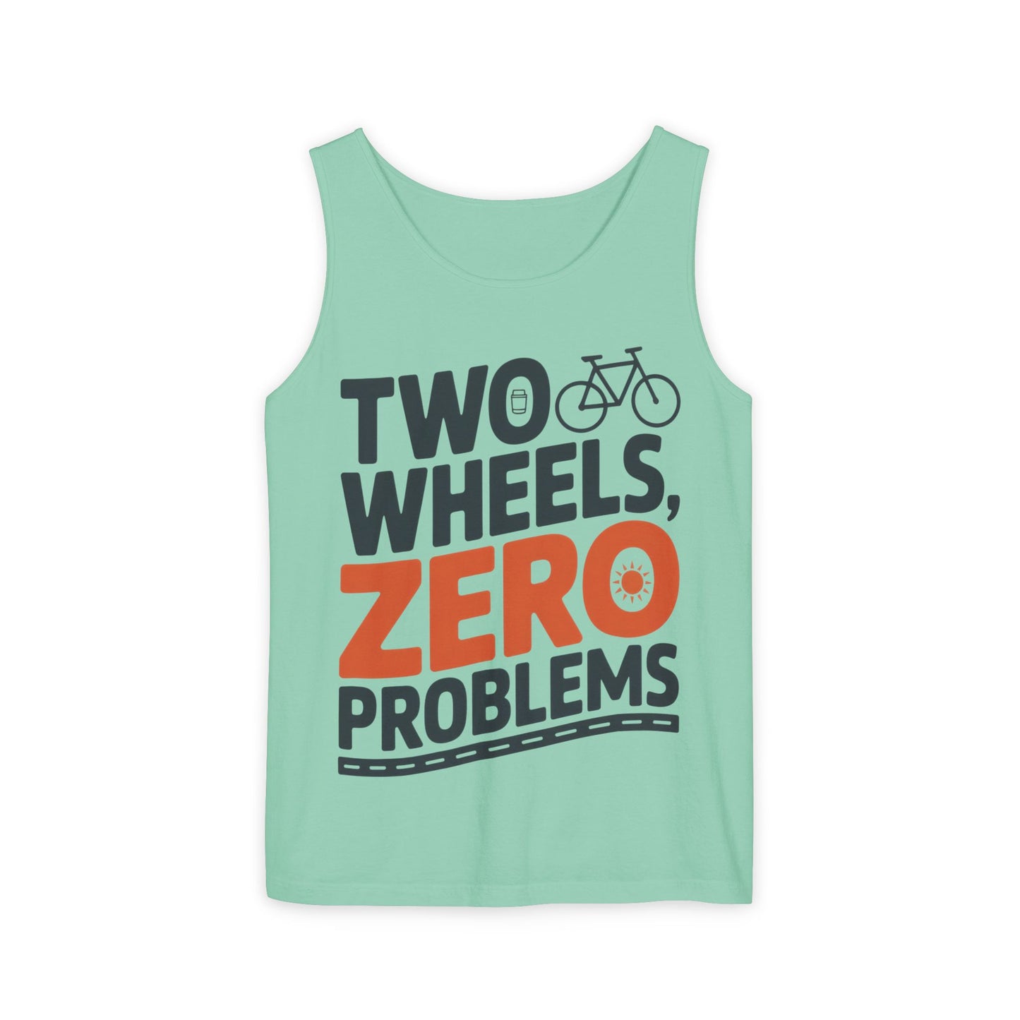 Mens Garment-Dyed Tank Top, Two Wheels Zero Problems Mens Cycling Graphic Tank, Gift for Cyclists