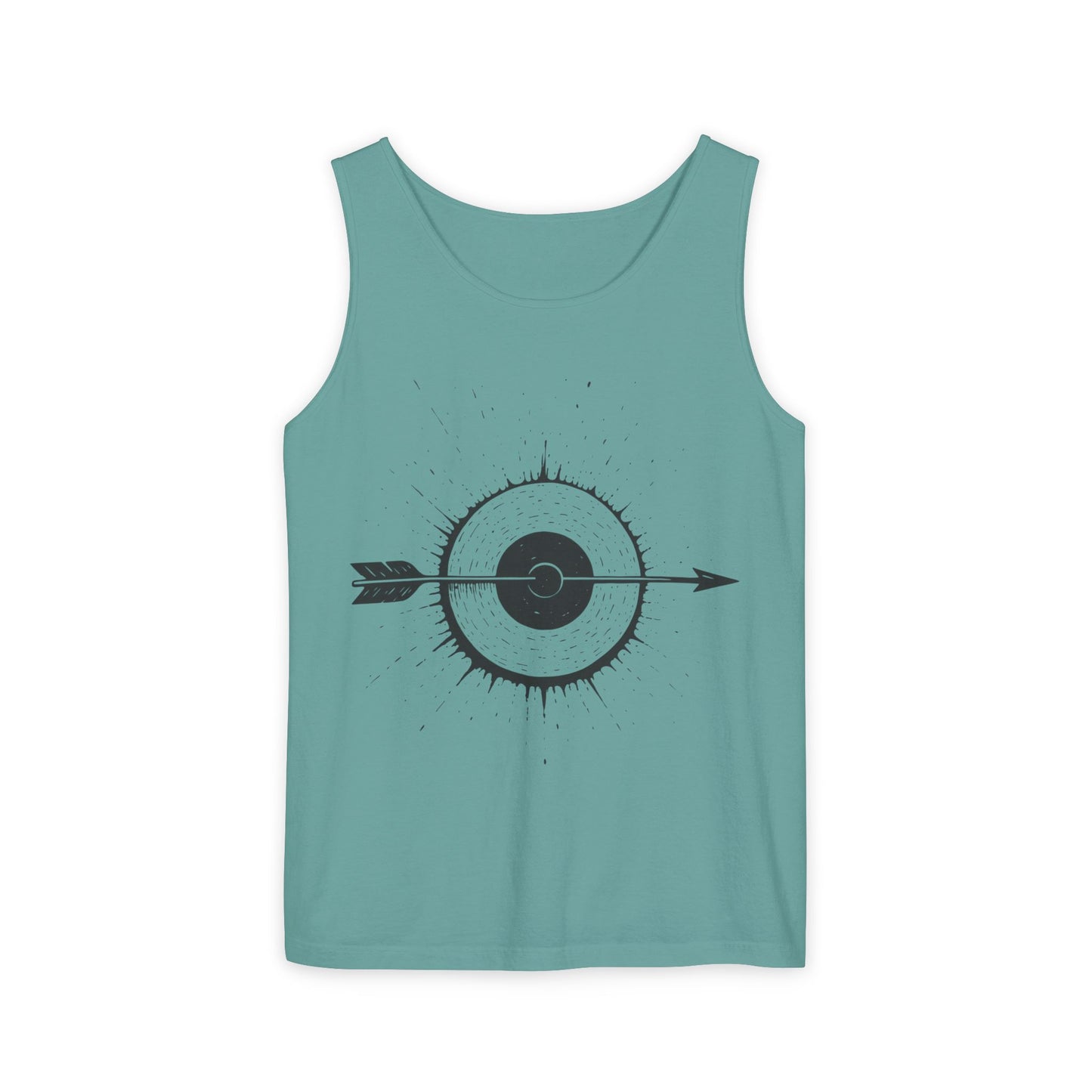 Mens Garment-Dyed Tank Top with Target Arrow Design, Casual Wear, Summer Essentials, Gym Wear, Gifts for Archery Lovers