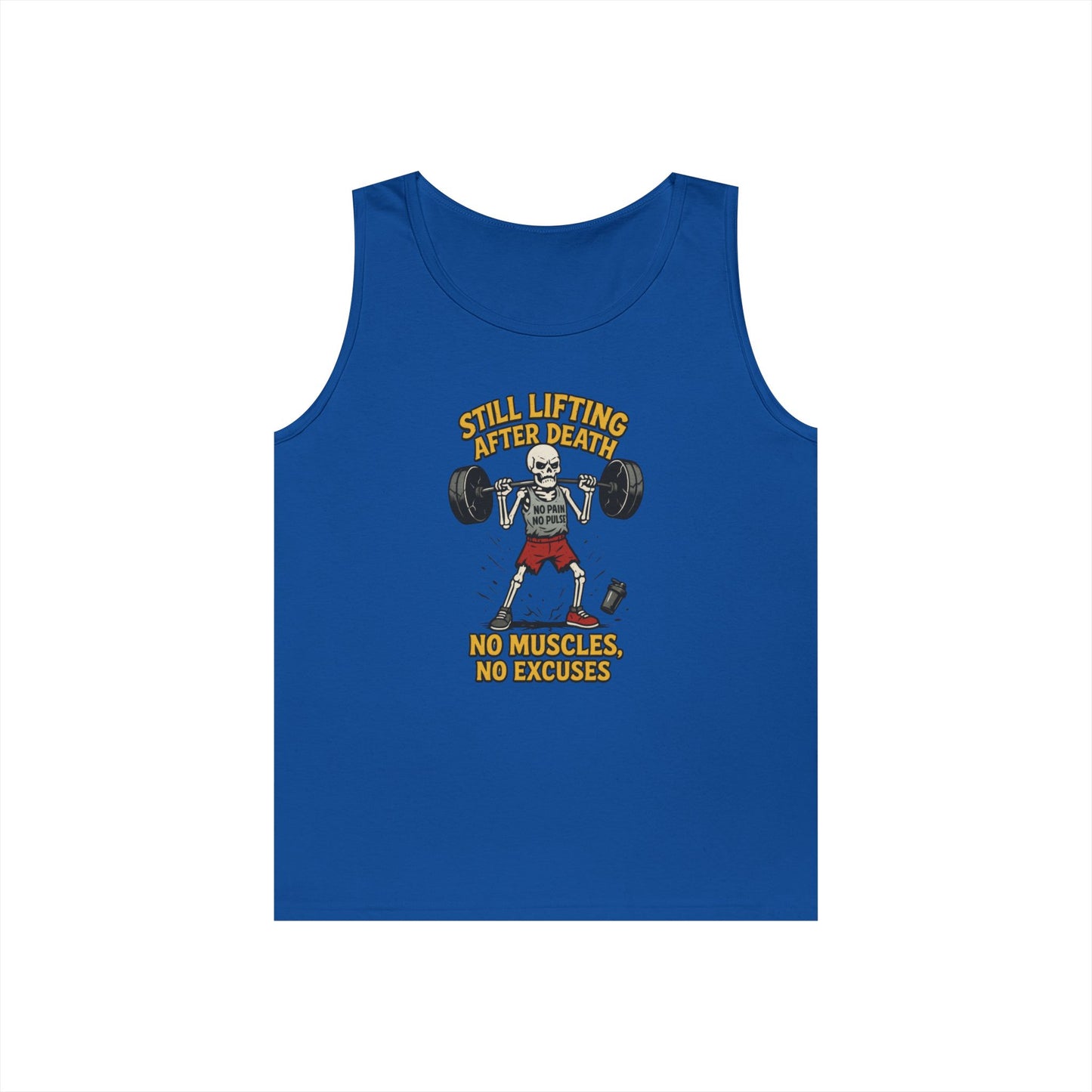 Funny Skeleton Gym Tank Top, Still Lifting After Death, Funny Workout Tee for Men, Fitness Gift, Halloween Apparel, Unisex Cotton Tank Top