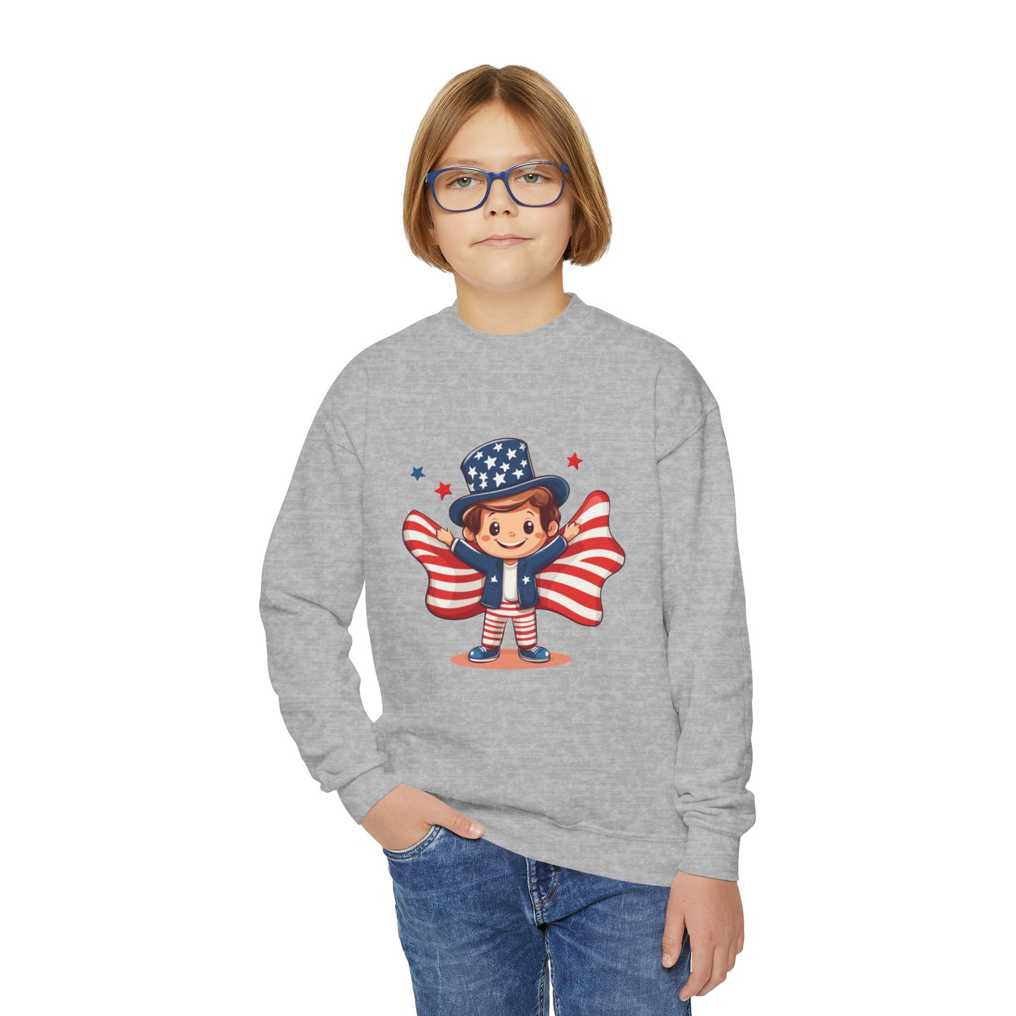 Patriotic Youth Crewneck Sweatshirt, Kids Flag Sweatshirt, July 4th Outfit, Independence Day Gear, Americana Sweatshirt, Holiday Clothing