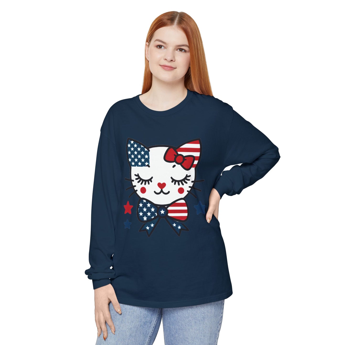 Patriotic Cat Long Sleeve T-Shirt, Women's Tee, Perfect for Fourth of July, Animal Lover Gift, Cozy Casual Wear, Holiday Apparel