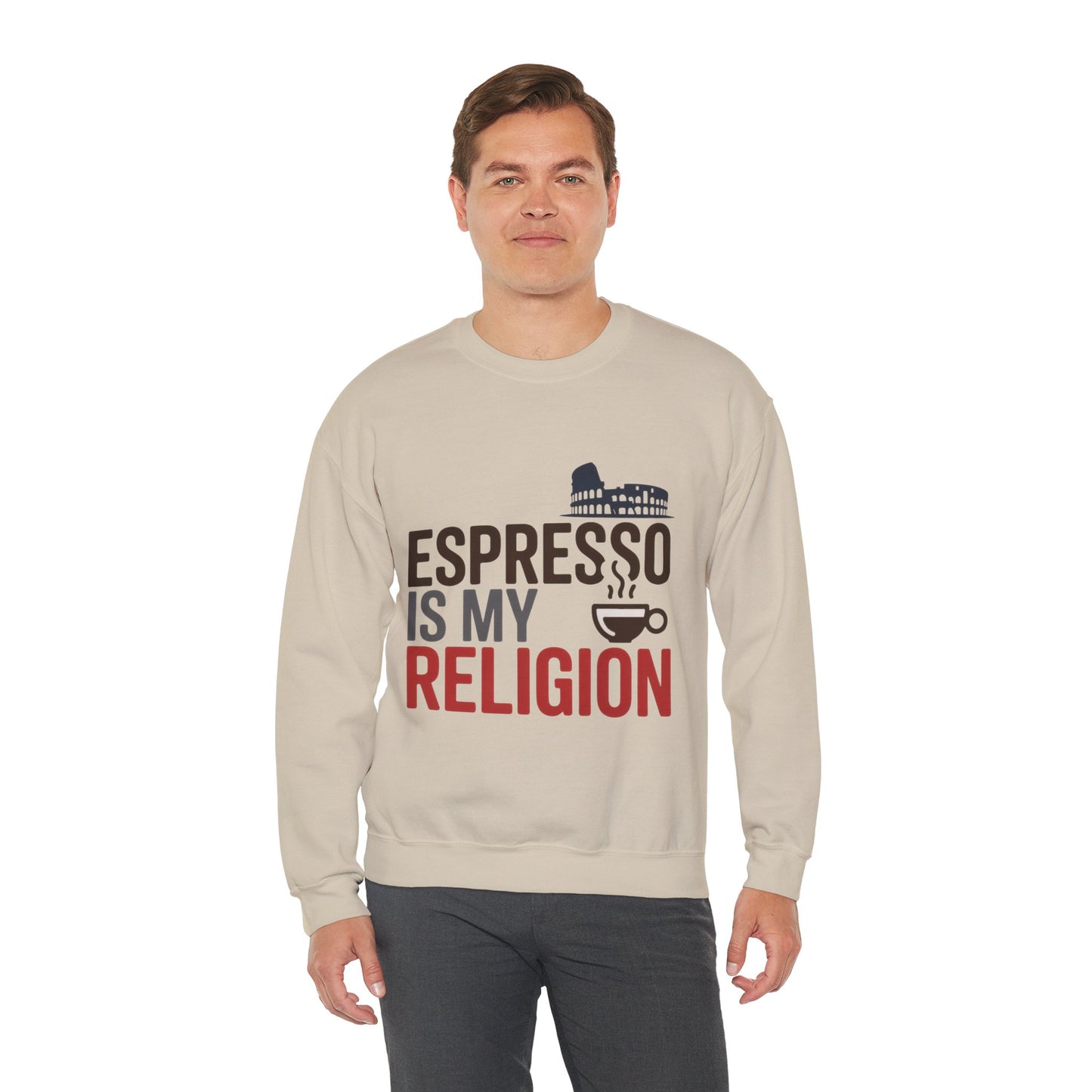 Mens Heavy Blend™ Crewneck Sweatshirt, Espresso Is My Religion Coffee Rome Mens Sweatshirt, Barista Gift, Coffee Lover Gift