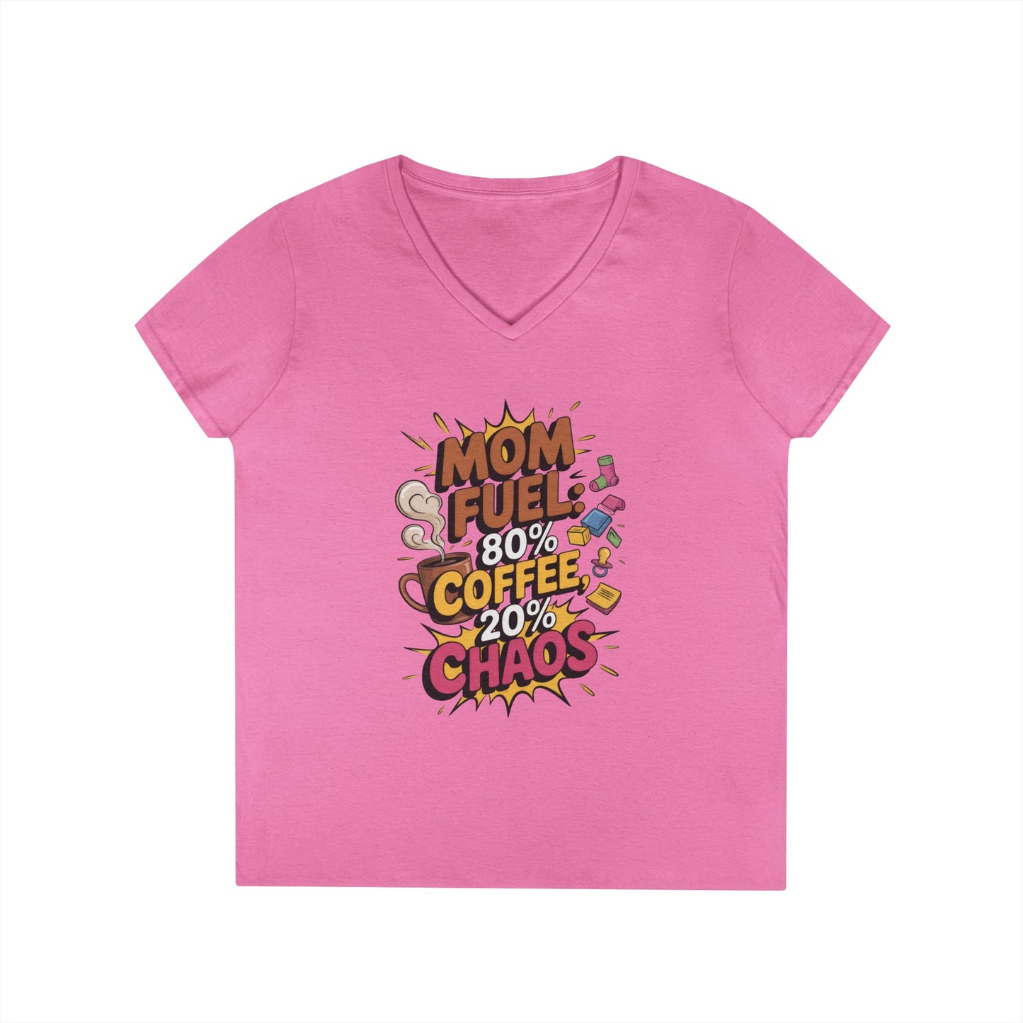 Mom Fuel V-Neck T-Shirt, Funny Gift for Moms, Coffee Lovers, Mother's Day, Everyday Humor, Tired Mom Life Tee, Coffee Loving Moms