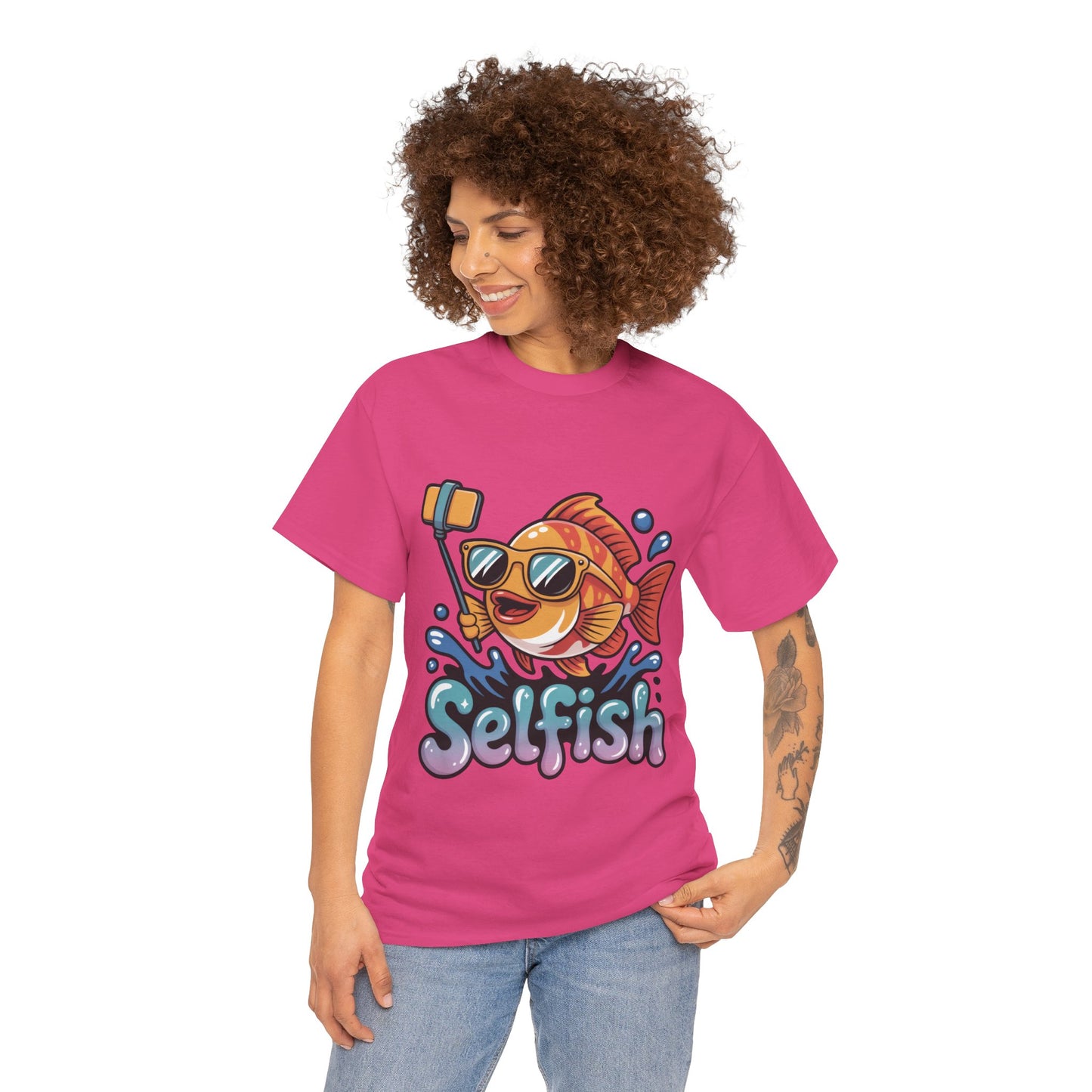 Funny Selfie Fish Graphic Womens T-Shirt, Playful Pun Gift for Her, Summer Vibes, Unique Beach Shirt, Outdoor Adventures