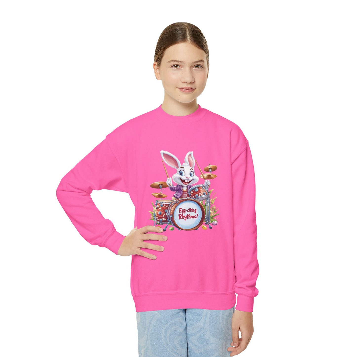 Easter Bunny Drummer Kids Sweatshirt - Cute Spring Crewneck for Children, Fun Easter Gift Colorful Bunny Playing Drums Design