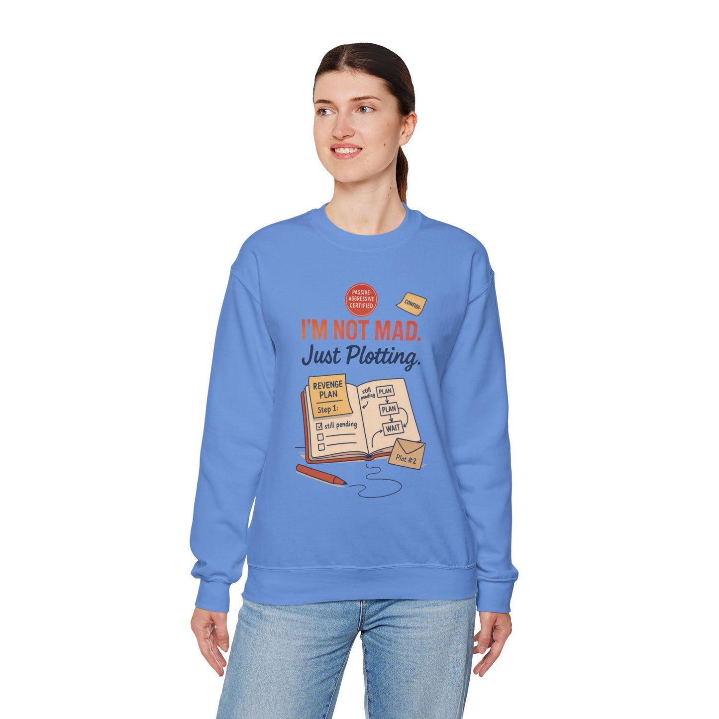 Funny Women's Revenge Sweatshirt, I'm Not Mad Just Plotting, Passive Aggressive Sarcastic Crewneck for Her, Funny Plotting Sweatshirt