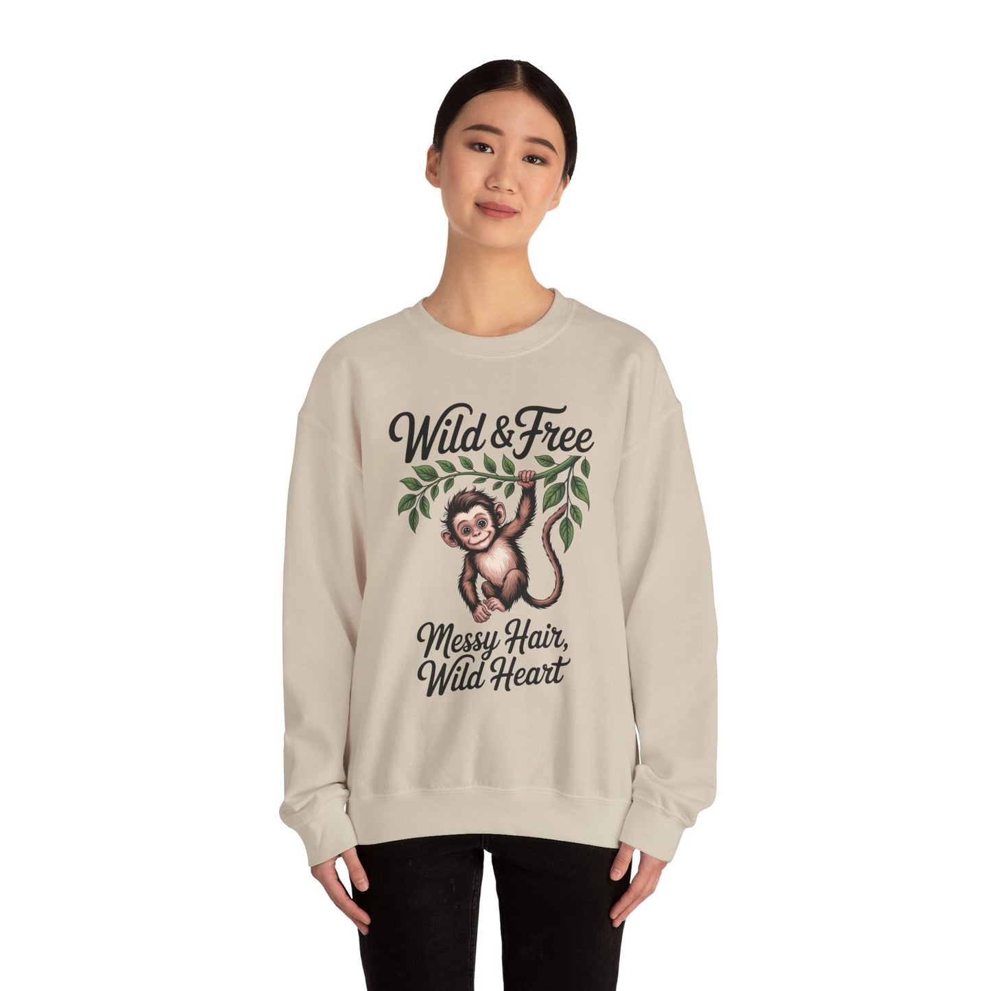 Wild & Free Monkey Sweatshirt, Messy Hair Wild Heart Womens Pullover, Cute Jungle Animal Sweater, Boho Adventure Graphic, Nature Lover Gift