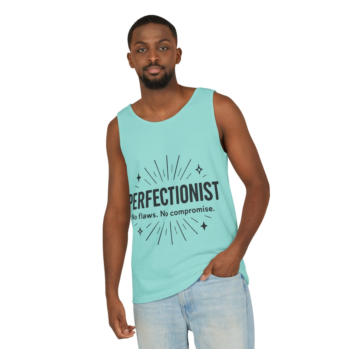 Mens Perfectionist Tank Top, No Flaws No Compromise, Minimal Bold Graphic Tee, Gift for OCD, Clean Freak, or Detail-Oriented Men