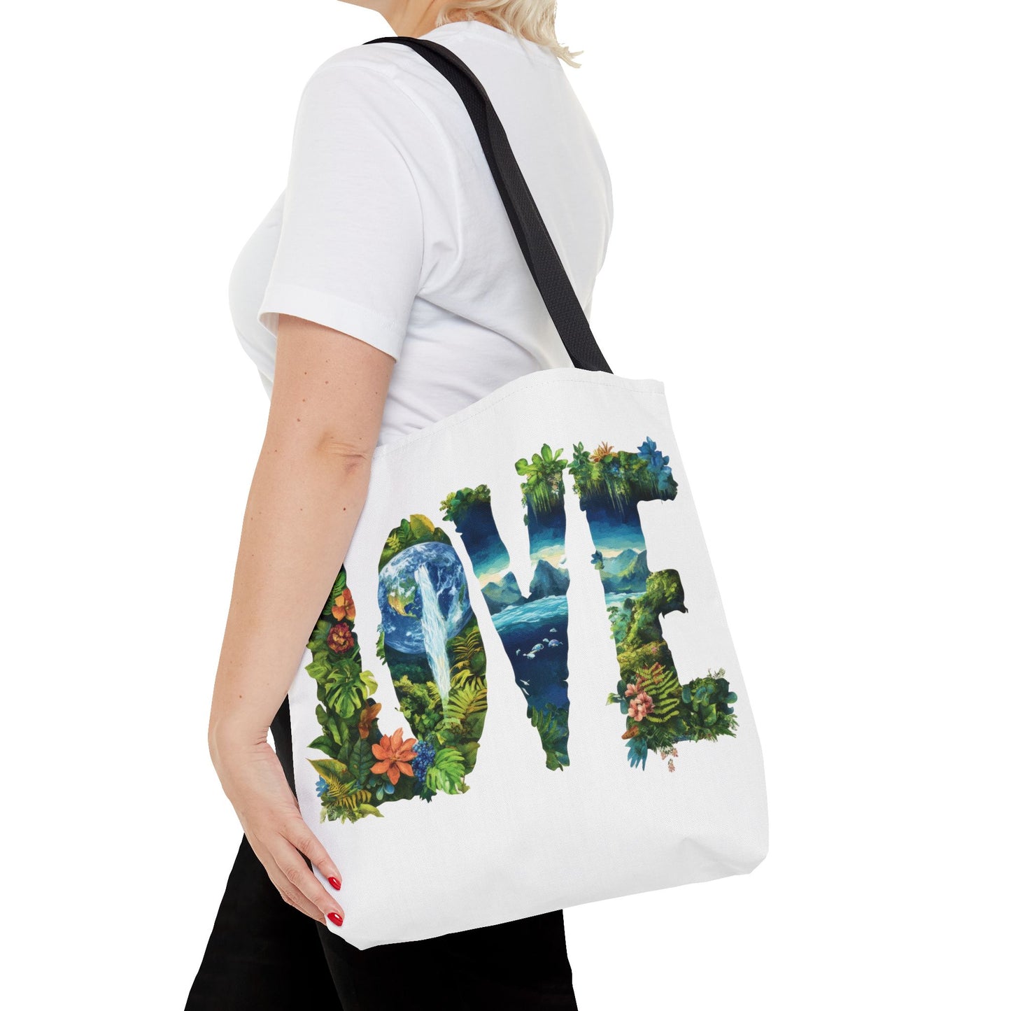 Earth Day LOVE Tote Bag, Eco Friendly Nature Art Bag, Sustainable Planet Message, Floral Tote, Shopping Bag, Beach Bag, Large Canvas Bag