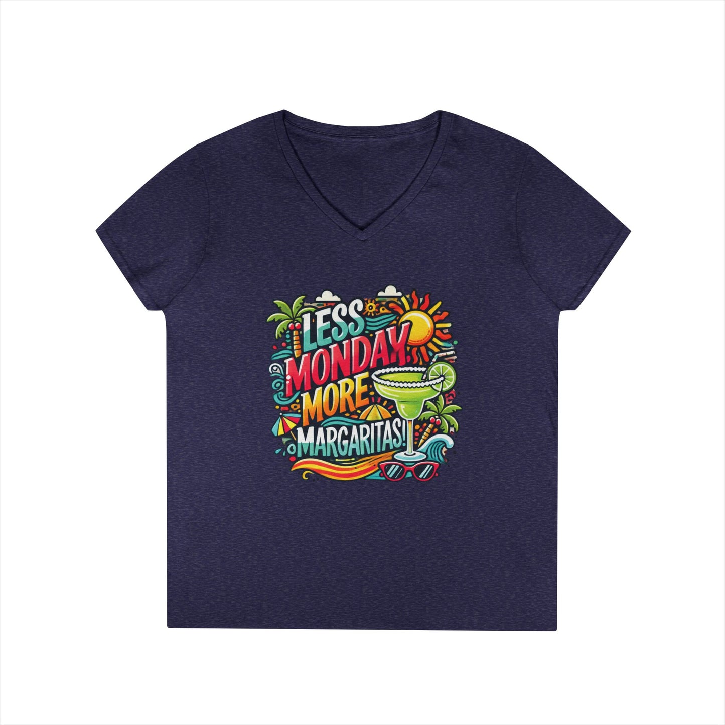 Less Monday More Margaritas Ladies' V-Neck T-Shirt, Funny Summer Cocktail Shirt, Tropical Vacation Tee for Women, Party Tee, Weekend Vibes