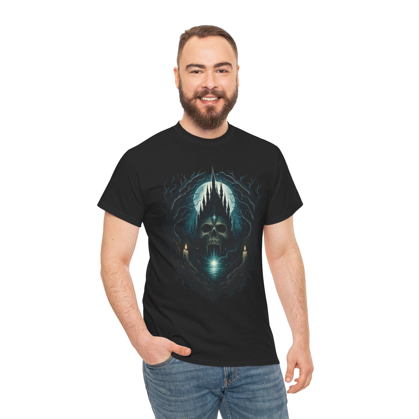 Gothic Skull Castle Men's T-Shirt, Dark Horror Haunted Night Graphic Tee, Halloween Shirt