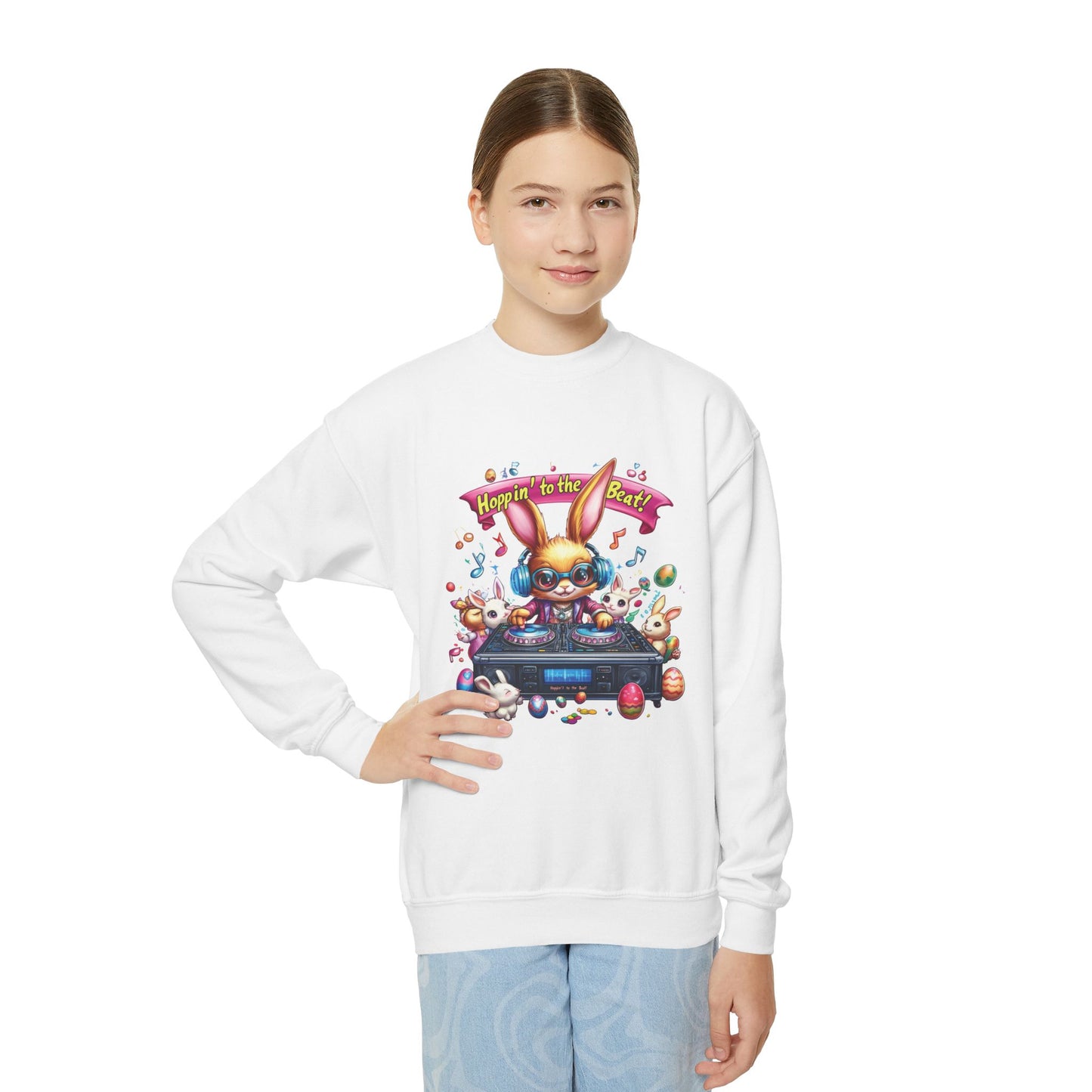 DJ Bunny Easter Kids Sweatshirt - Fun Music Bunny Crewneck for Spring, Hoppin' to the Beat Design, Cute Gift for Easter & Parties