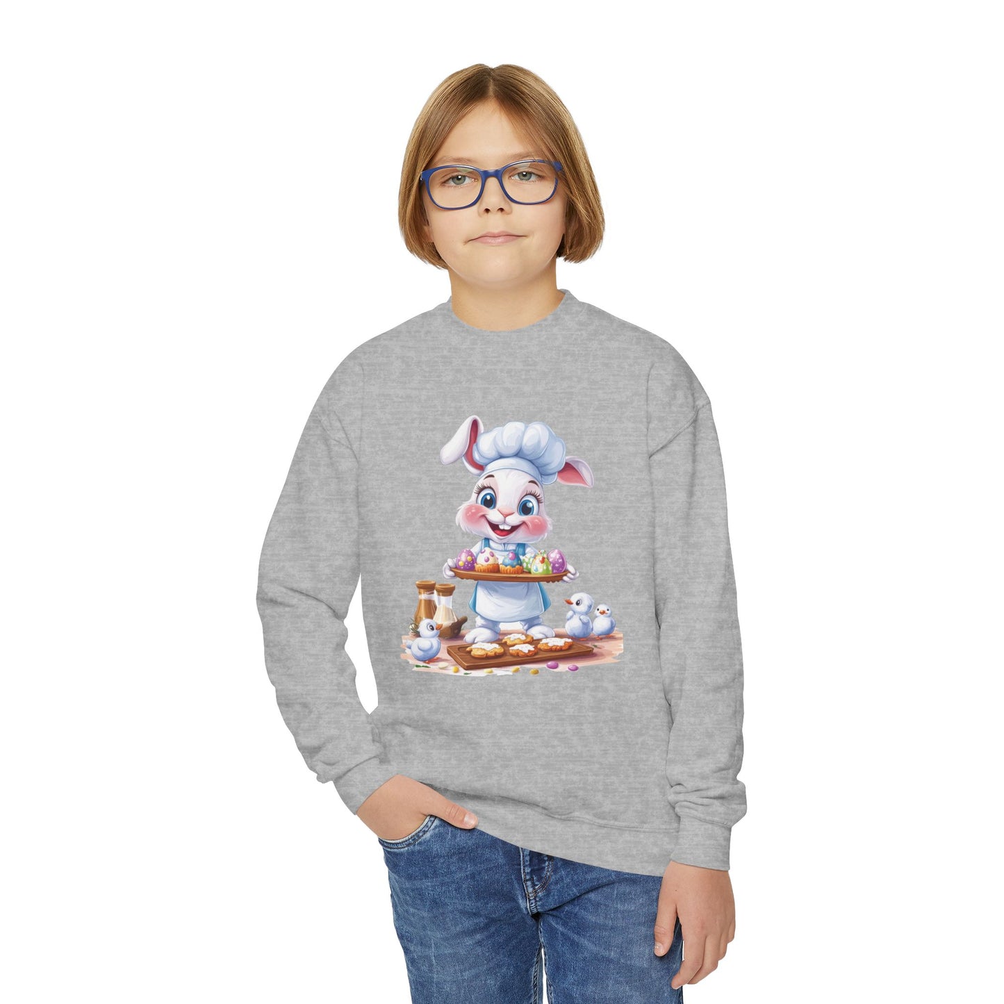 Easter Bunny Baker Youth Sweatshirt, Easter Gift, Kids Sweater, Cute Rabbit Design with Eggs, Spring Fashion, Easter Outfit for Kids
