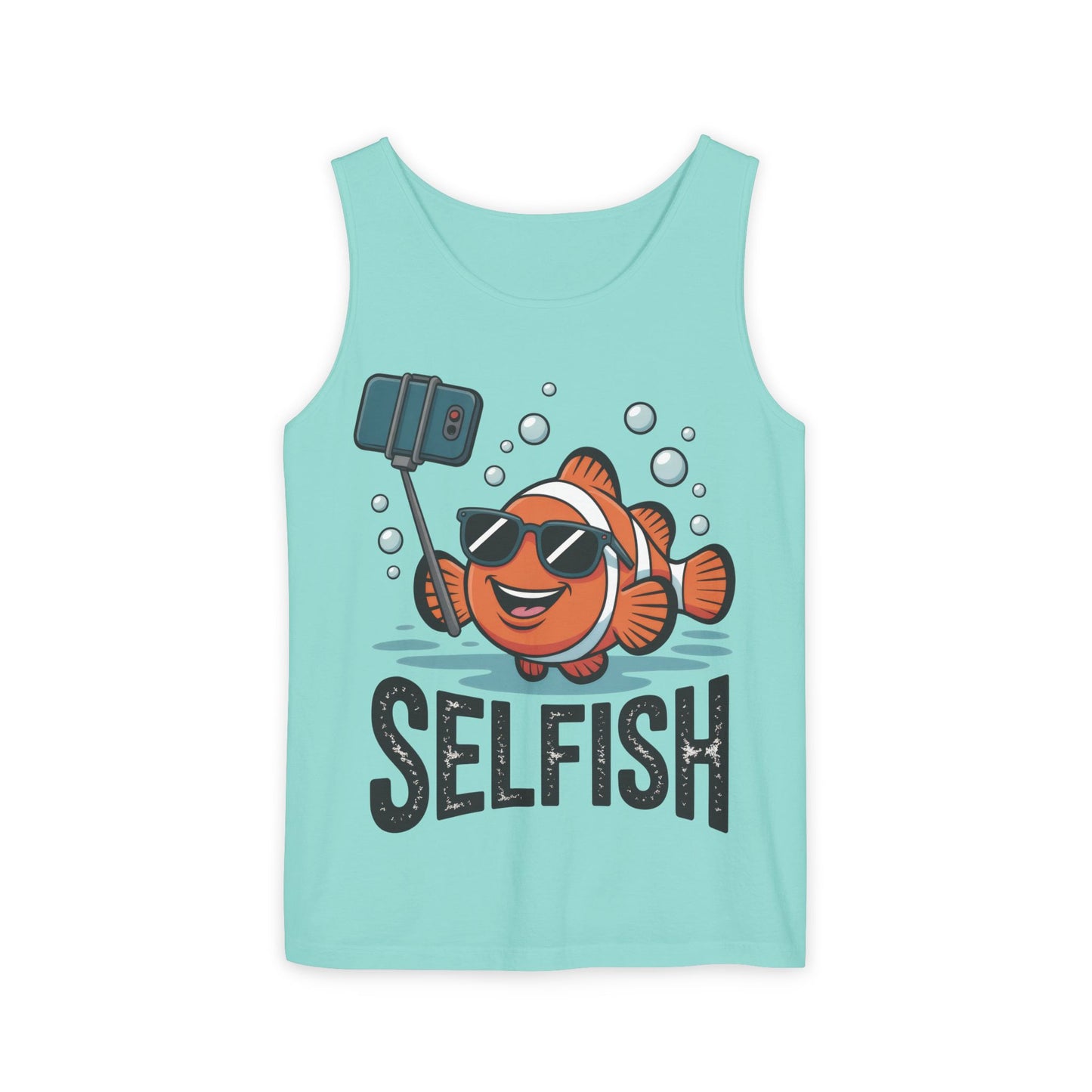 Mens Garment-Dyed Tank Top, Mens Selfish Funny Fish Tank Top, Cute Selfie Graphic Shirt, Ocean Humor Top