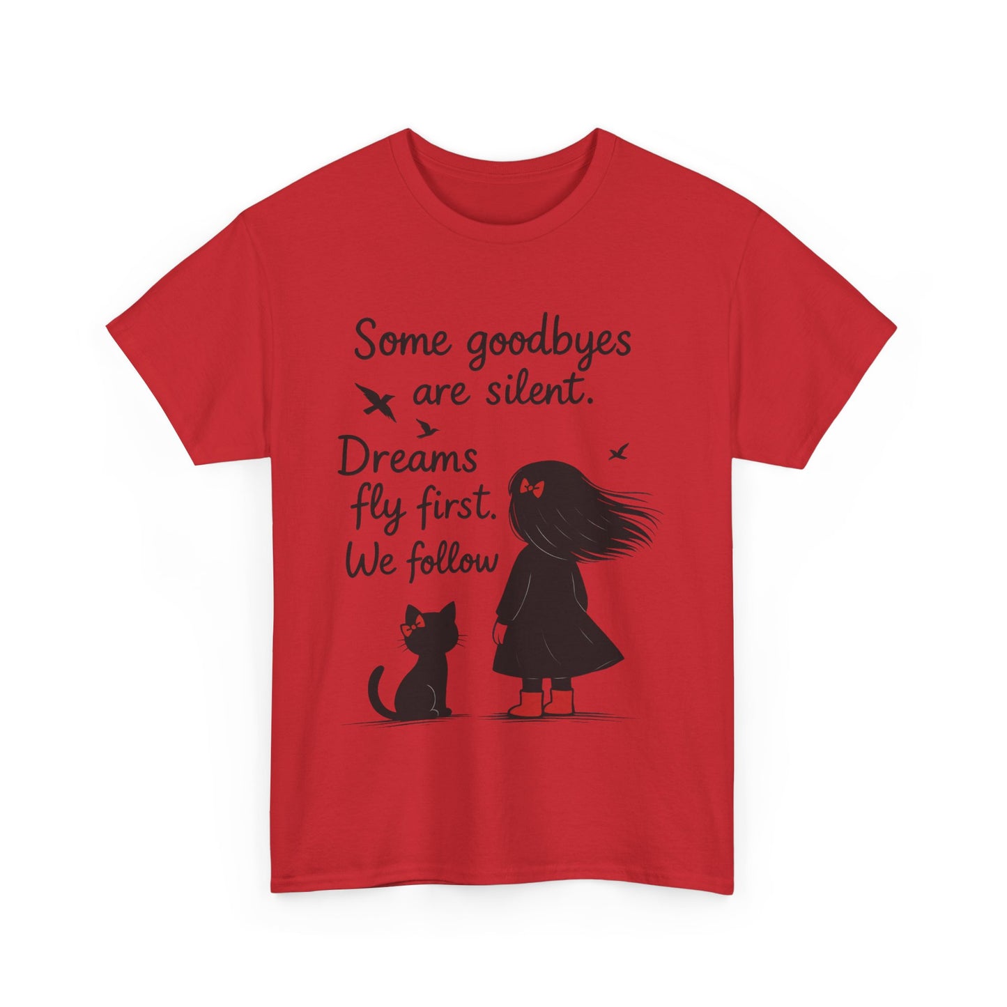 Emotional Hand Drawn Womens T-Shirt, Minimalist Red Dress Girl and Cat Graphic Tee, Cat Lover Gift