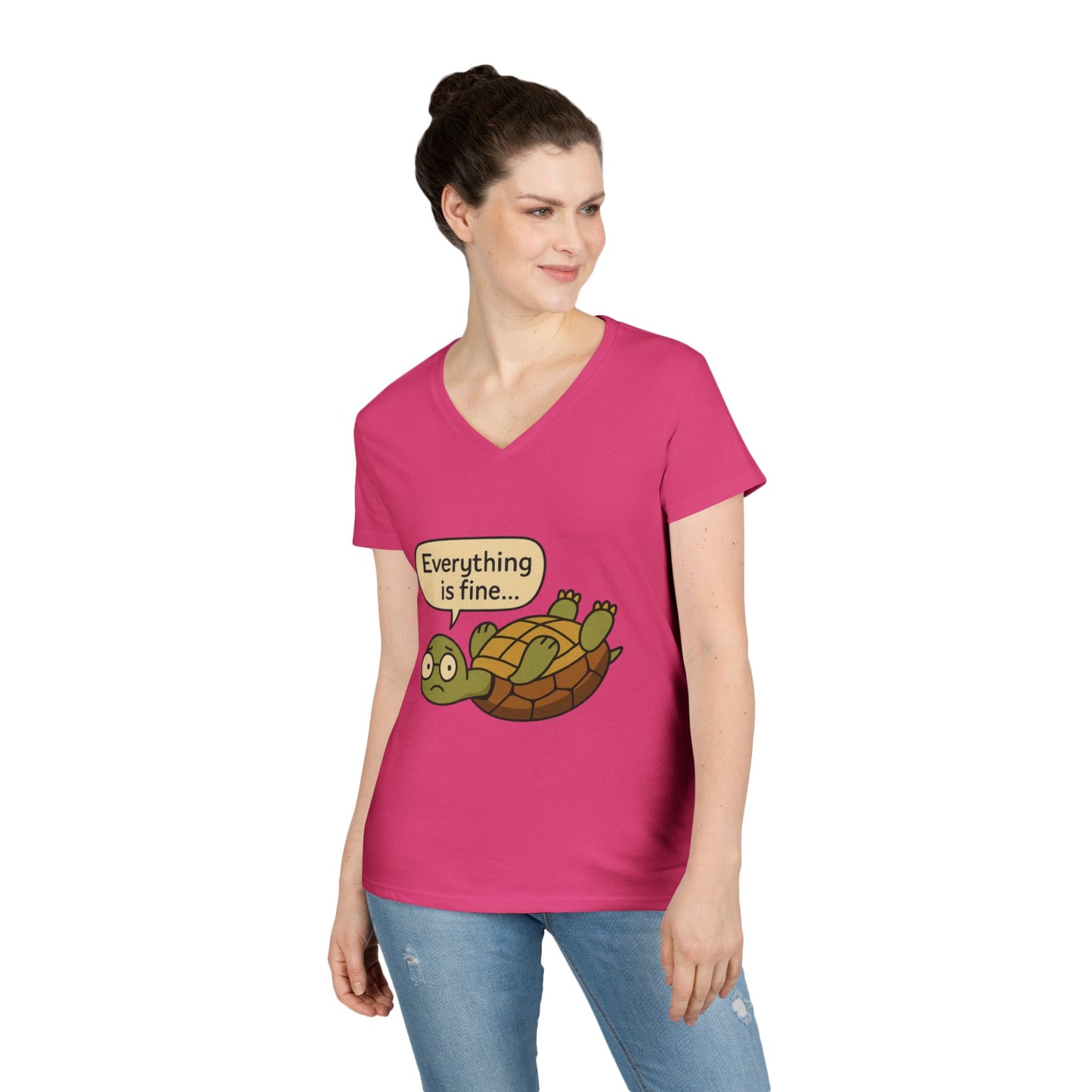 Cute & Comfy Turtle V-Neck T-Shirt - "Everything is fine..." design, Gift for Animal Lovers, Casual Wear, Fun Quotes, Positive message tee