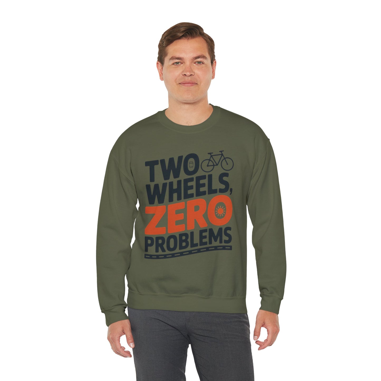 Men's Heavy Blend™ Crewneck Sweatshirt, Two Wheels Zero Problems Mens Casual Biker Sweatshirt, Gift for Cyclists