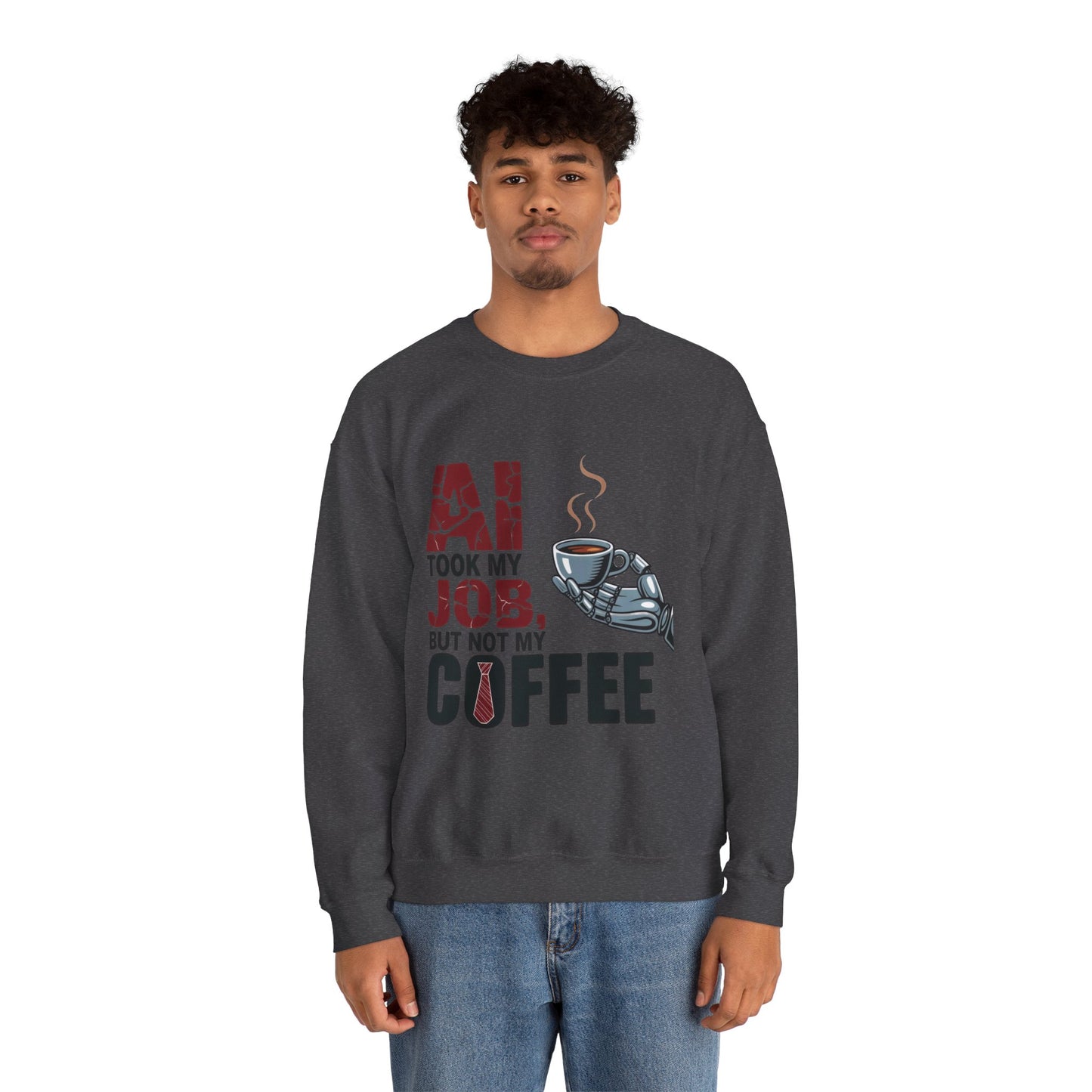 Men's AI Coffee Sweatshirt, Funny Robot Humor Pullover, Geek Sarcastic Job Joke Top, Men's Heavy Blend™ Crewneck Sweatshirt, Office Humor