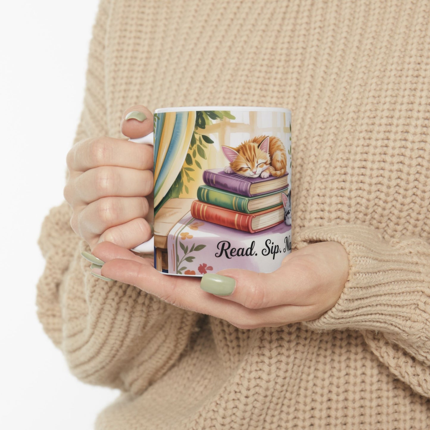 Cozy Cat Lover Mug, Ceramic Coffee Cup for Readers, Gift for Cat Lovers, Relaxing Tea Mug, Perfect for Home & Office, Book Lover Coffee Cup