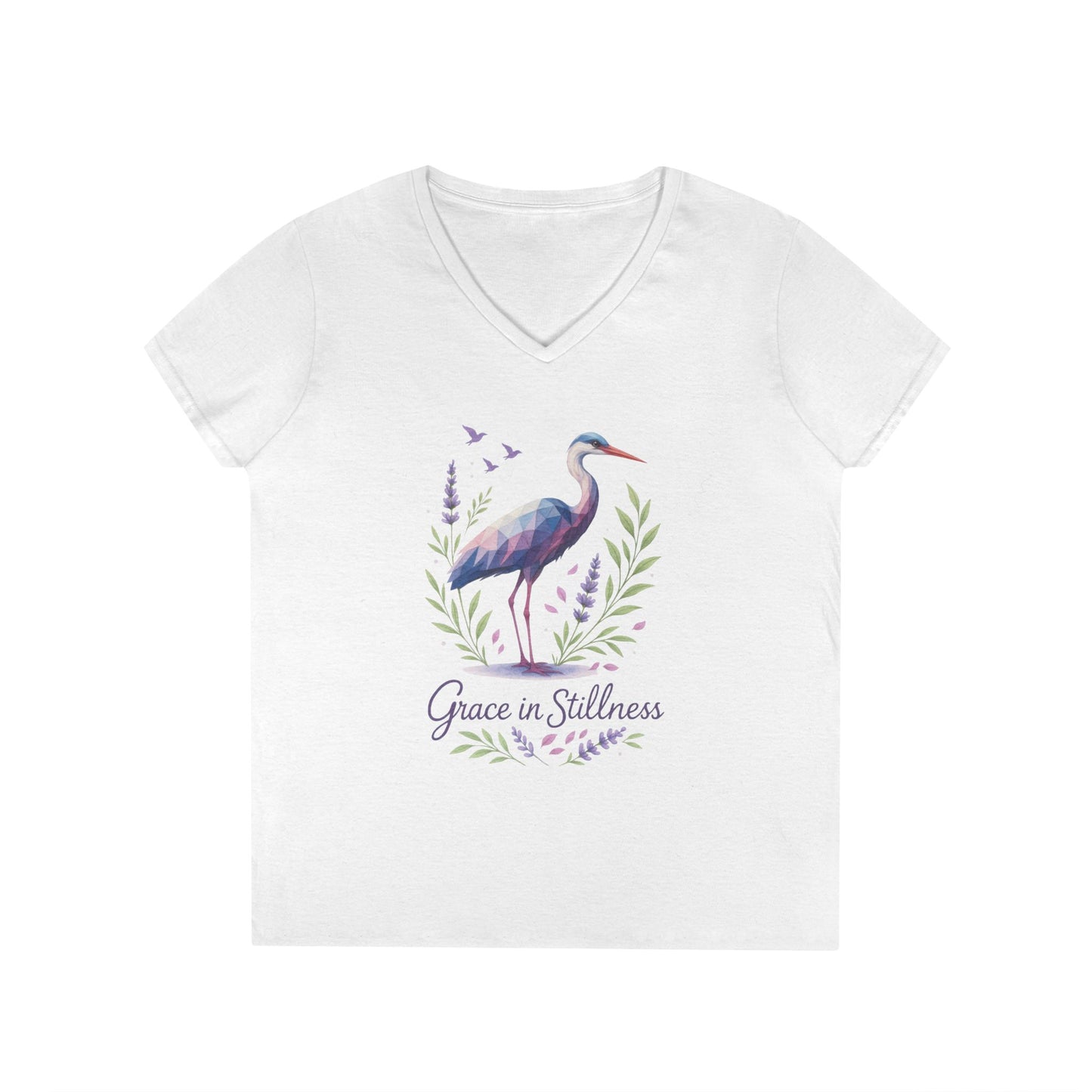 Ladies' V-Neck T-Shirt with Heron Design - Grace in Stillness, Relaxed Fit, Nature-Inspired Gift, Travel Tee, Summer Fashion