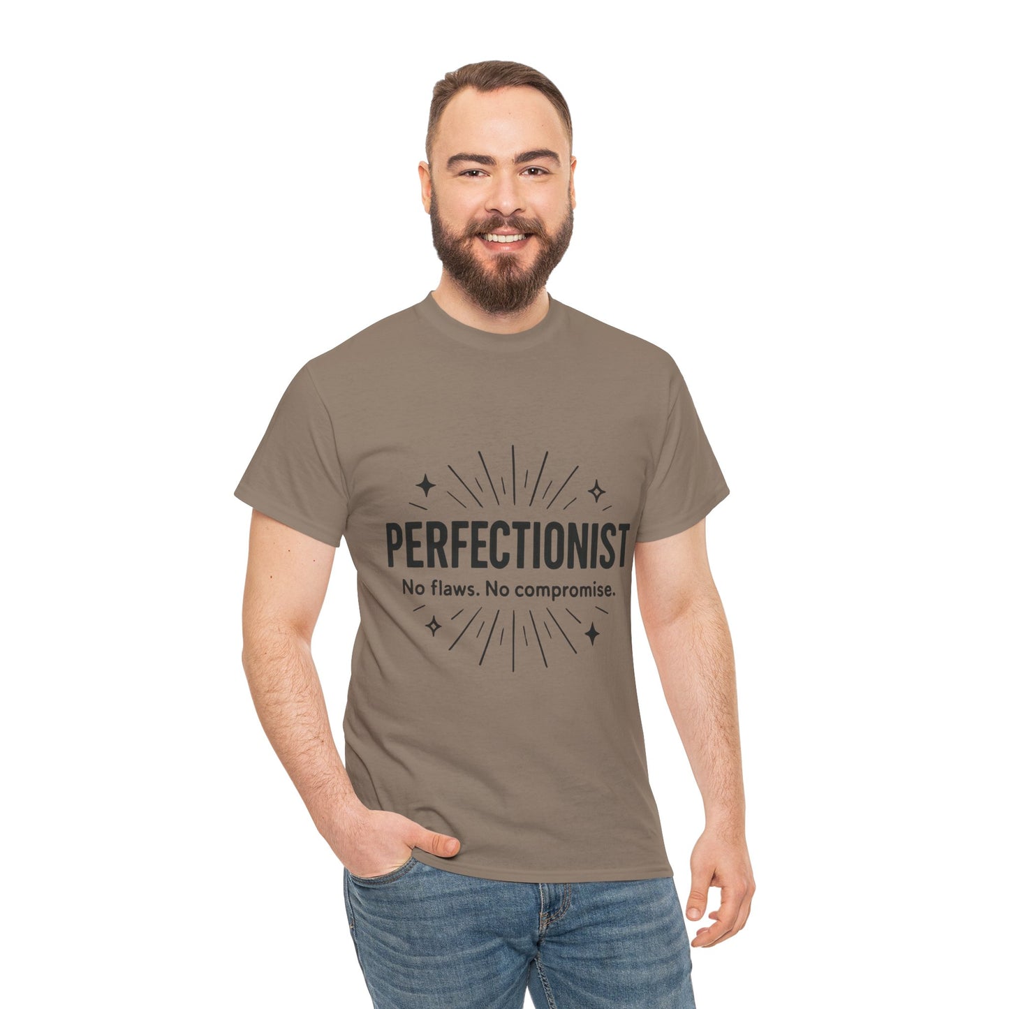 Mens Perfectionist T-Shirt, No Flaws No Compromise, Minimal Bold Graphic Tee, Gift for OCD, Clean Freak, or Detail-Oriented Men