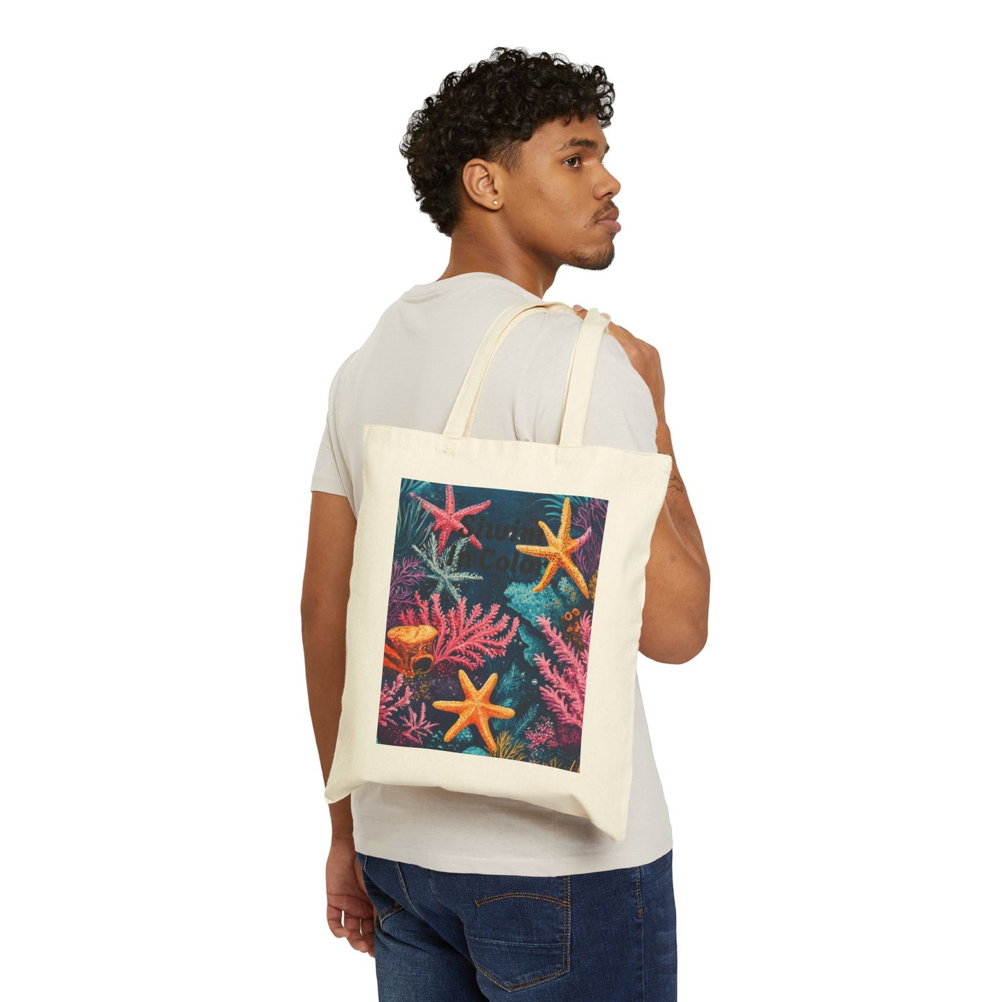 Ocean-Inspired Cotton Canvas Tote Bag, Artistic Starfish Design, Eco-Friendly Carryall, Beach Day Essential, Summer Gift, Boho Style