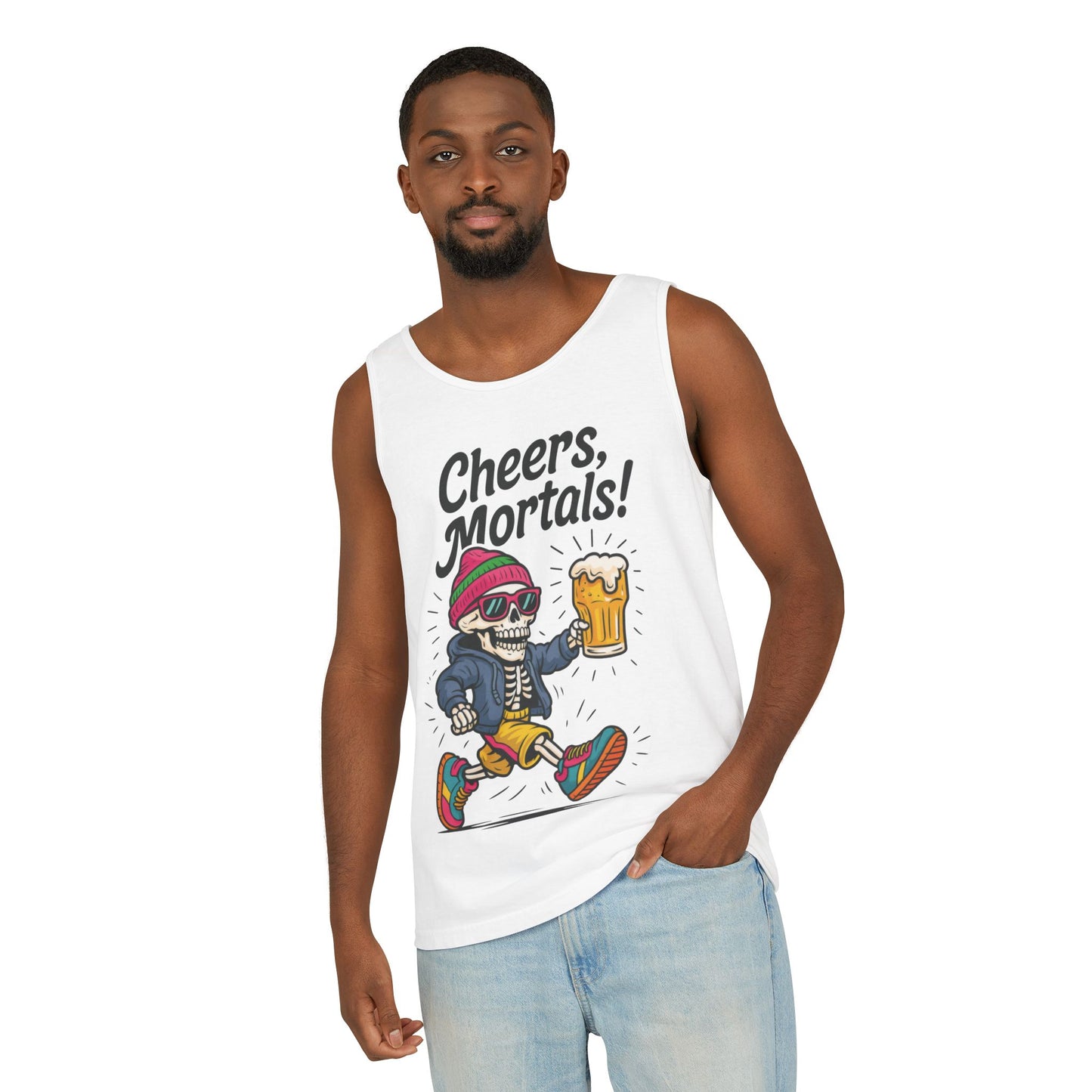 Cheers Mortals! Mens Tank Top, Funny Skeleton Beer Graphic Tee, Drinking Humor Shirt, Party Gift for Him, Halloween Tank, Beer Lovers Gift