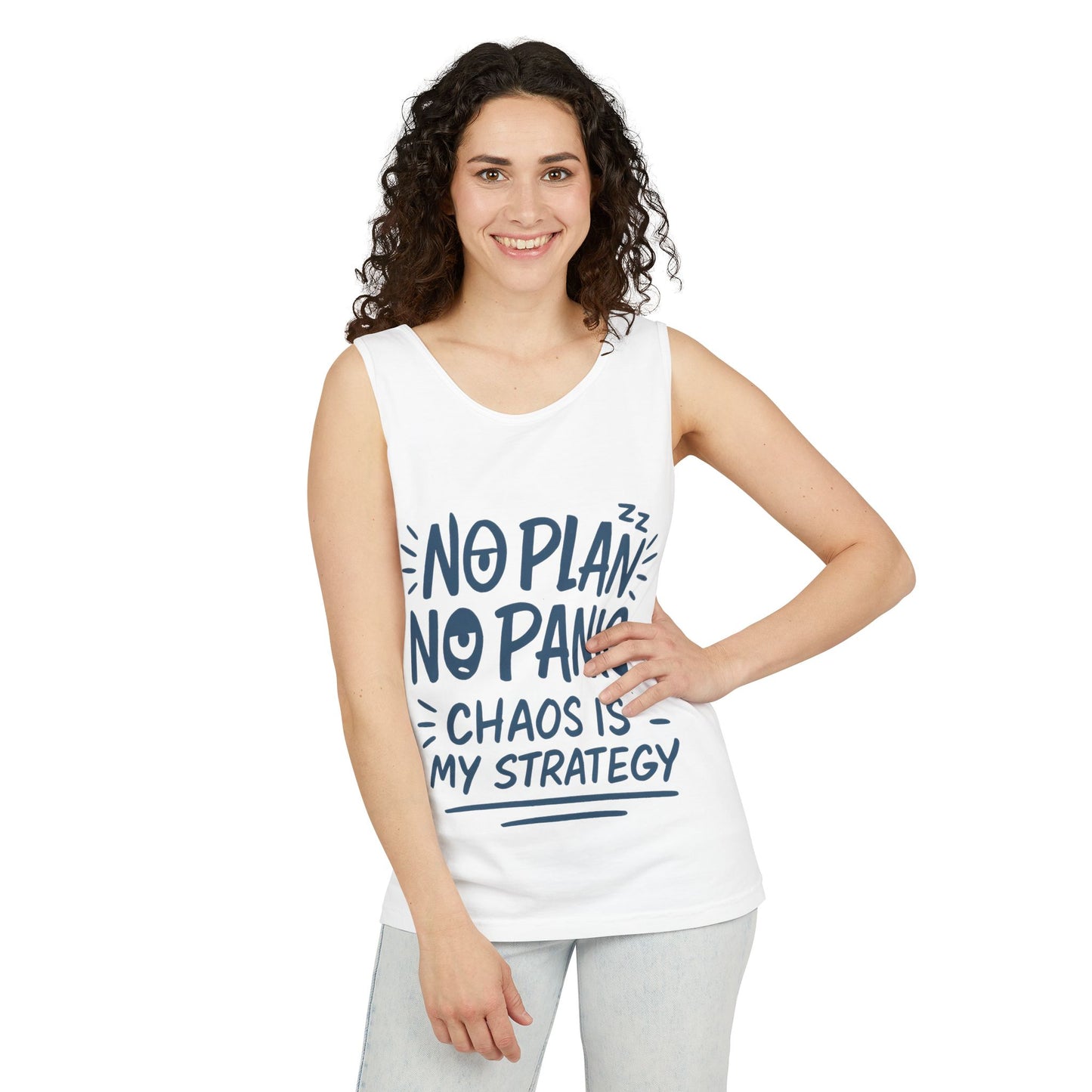 Funny Women's Tank, Chaos Strategy T-Shirt, No Plan No Panic Quote Shirt, Cute Tee for Women, Humorous Gift Idea, Casual Relaxed Fit Top