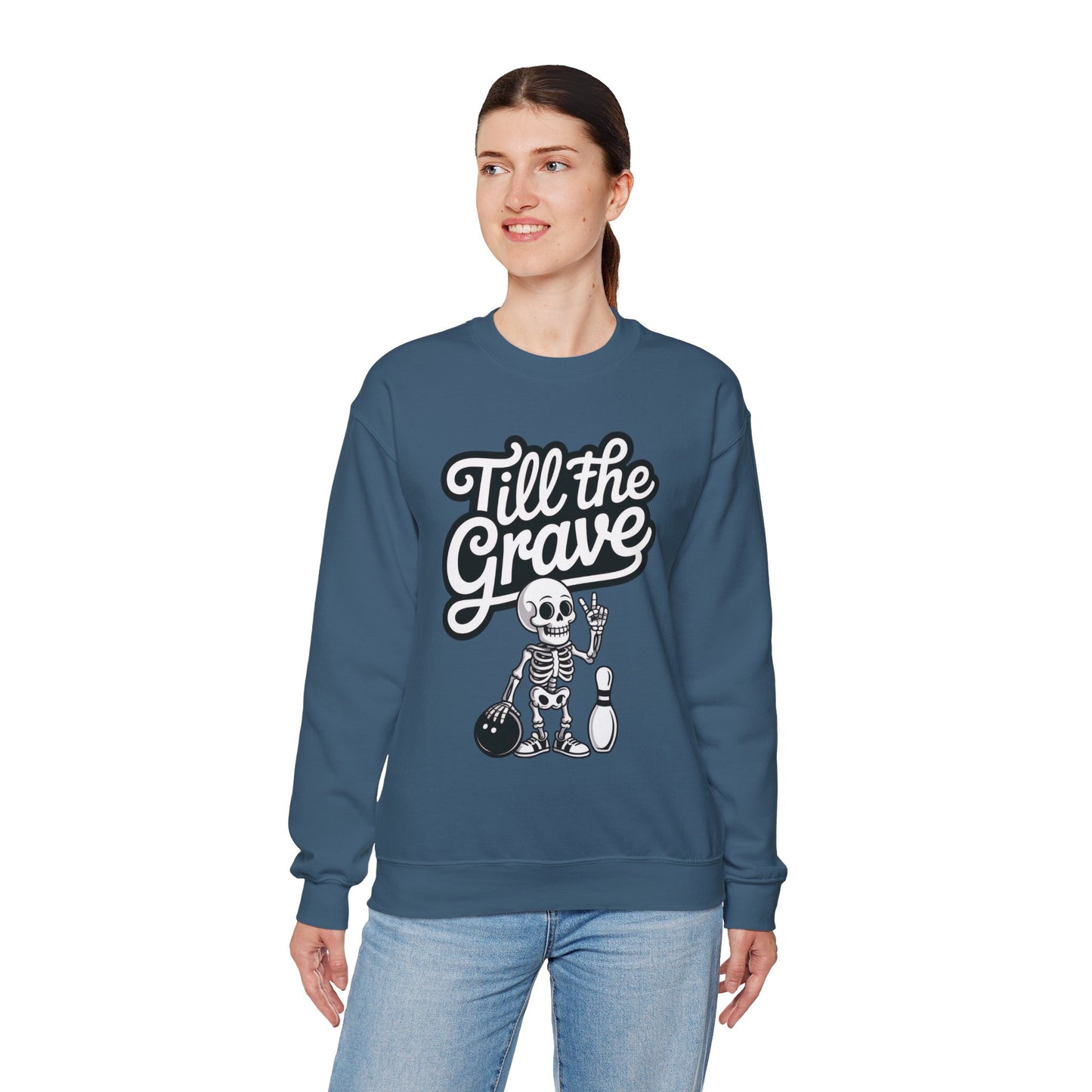 Funny Skeleton Bowling Sweatshirt, Womens Crewneck, Halloween Gift, Casual Wear, Till the Grave Sweatshirt, Bowling Lover Apparel
