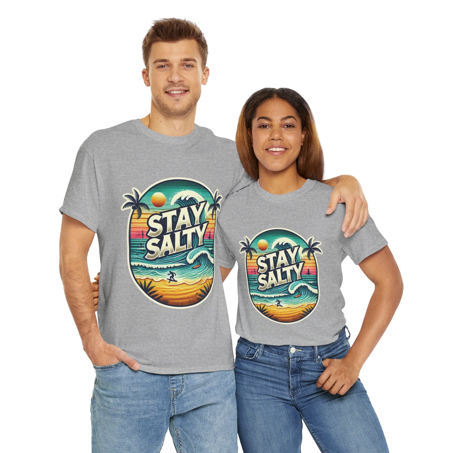 Stay Salty Retro Surf Unisex Heavy Cotton Tee, Vintage Beach Sunset Graphic T-Shirt, Summer Ocean Wave Surfer Shirt, Ocean Lover Gift