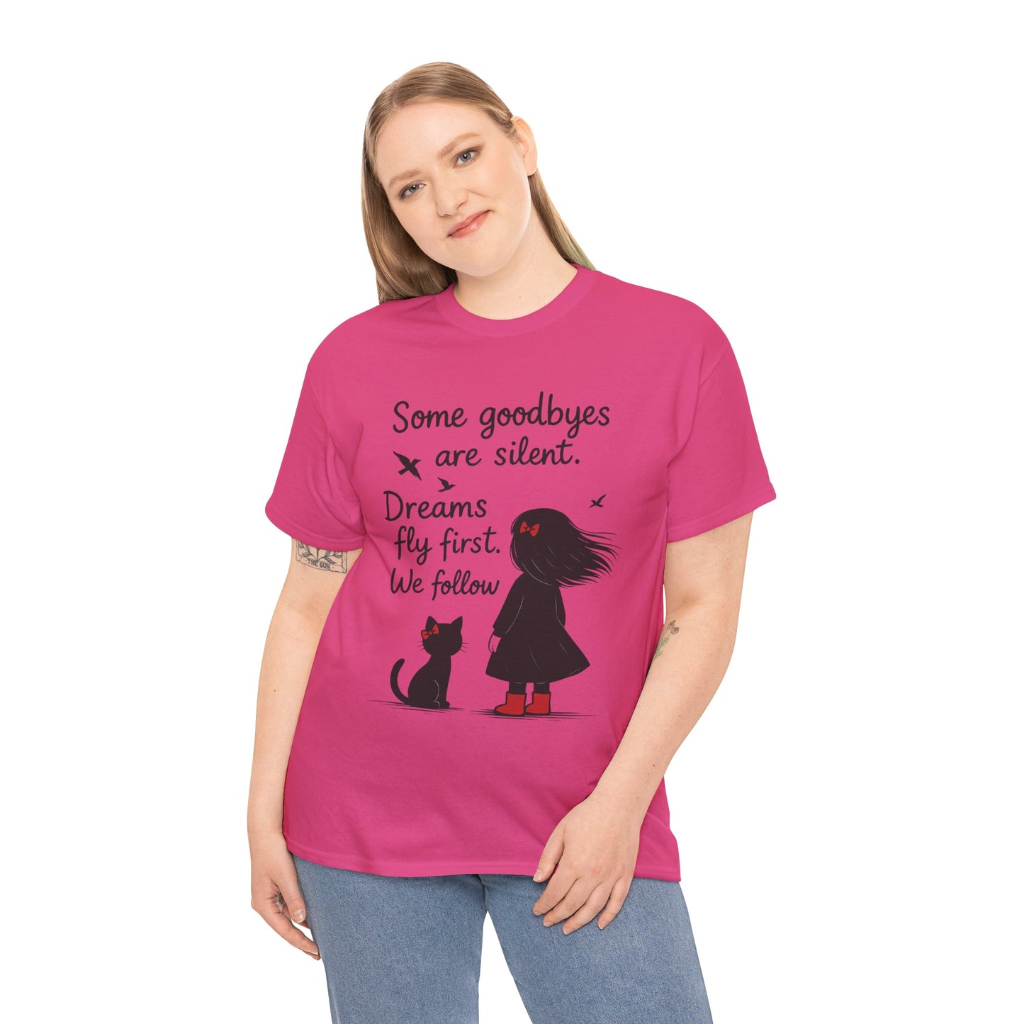 Emotional Hand Drawn Womens T-Shirt, Minimalist Red Dress Girl and Cat Graphic Tee, Cat Lover Gift