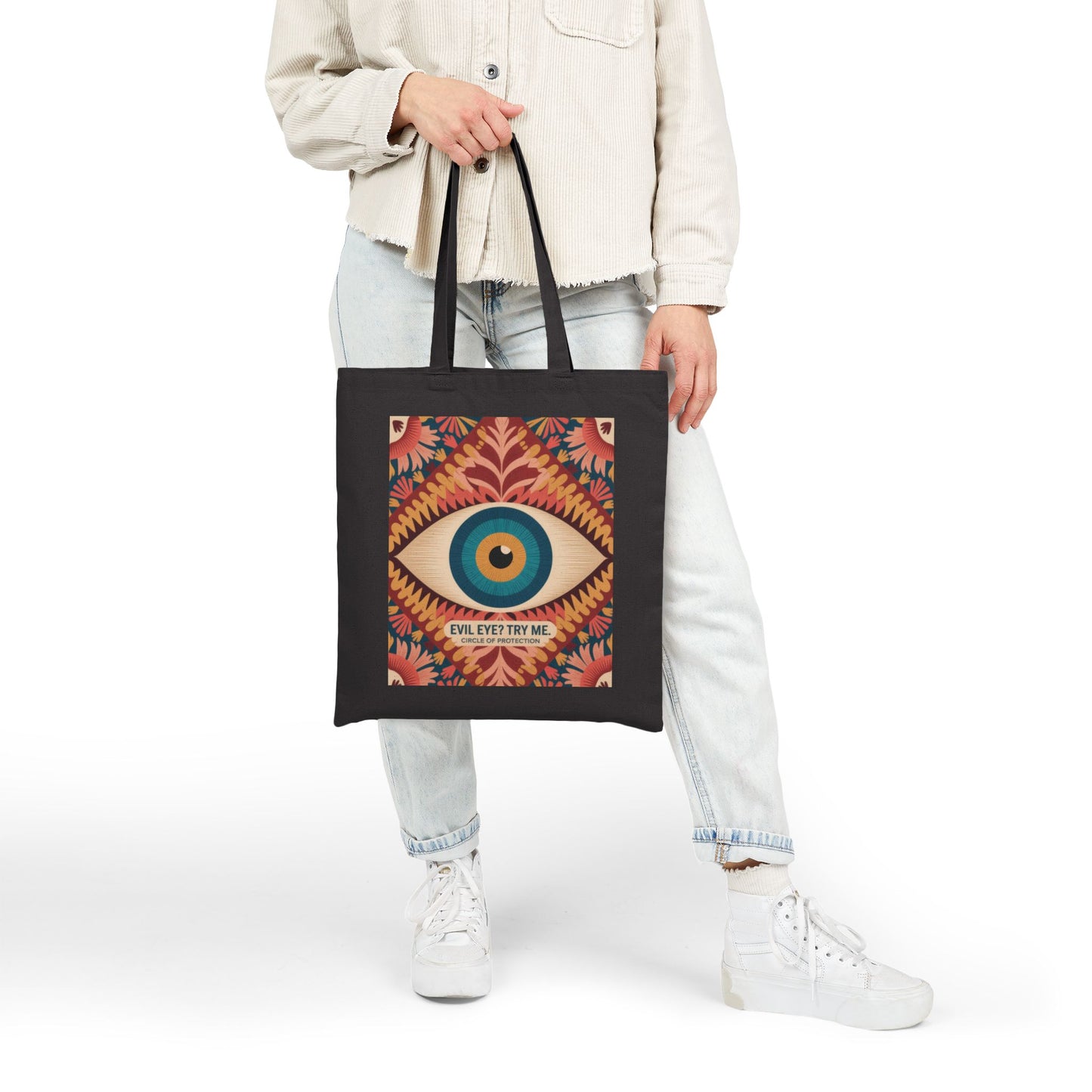 Vibrant Eye Design Canvas Tote Bag, Boho Shopper, Eco-Friendly Grocery Bag, Gift for Art Lovers, Sustainable Fashion