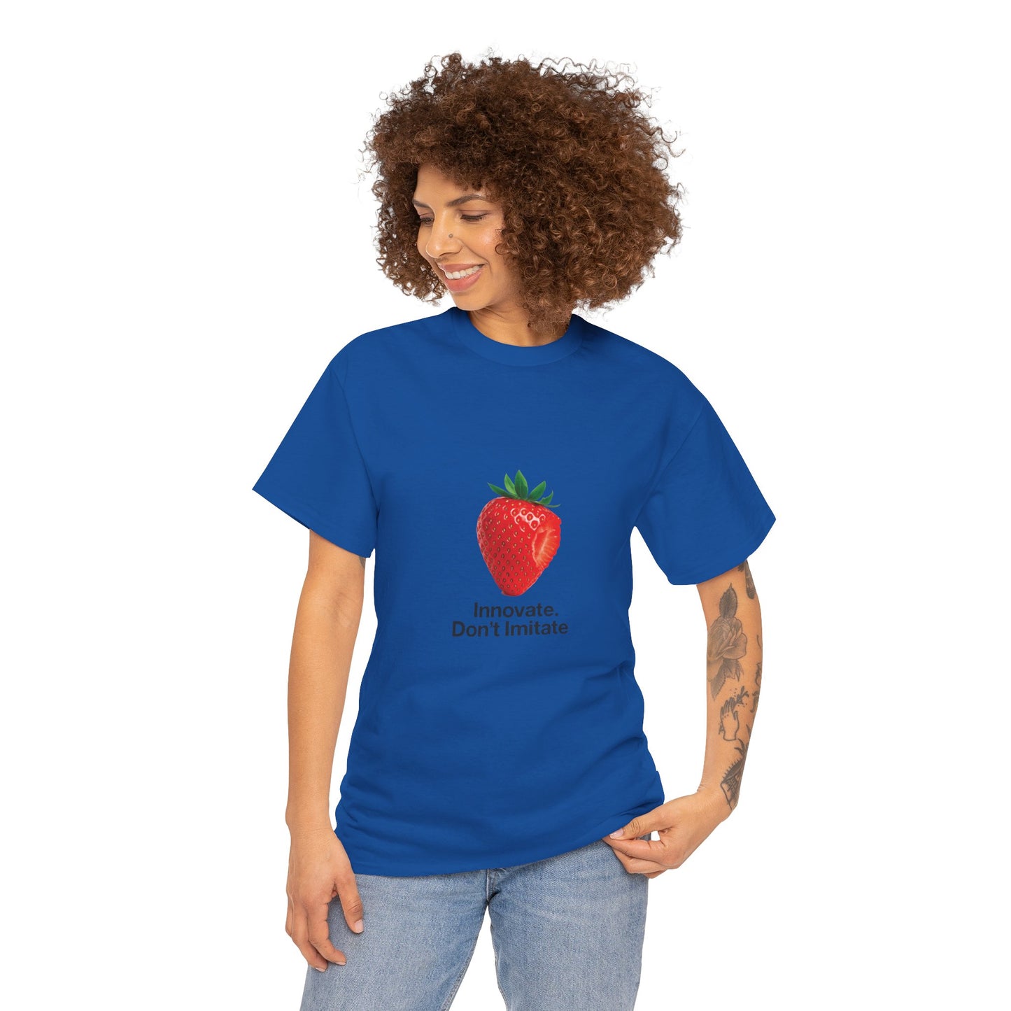 Strawberry Women's Heavy Cotton Tee, Innovate Don't Imitate Shirt, Graphic Tee, Casual Wear, Gift Idea, Summer Style, Witty Design T-Shirt