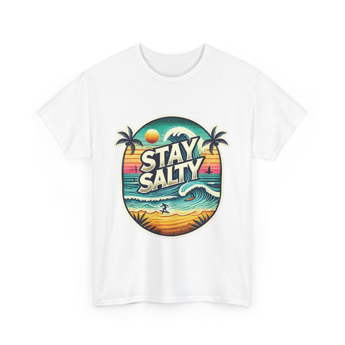 Stay Salty Retro Surf Unisex Heavy Cotton Tee, Vintage Beach Sunset Graphic T-Shirt, Summer Ocean Wave Surfer Shirt, Ocean Lover Gift
