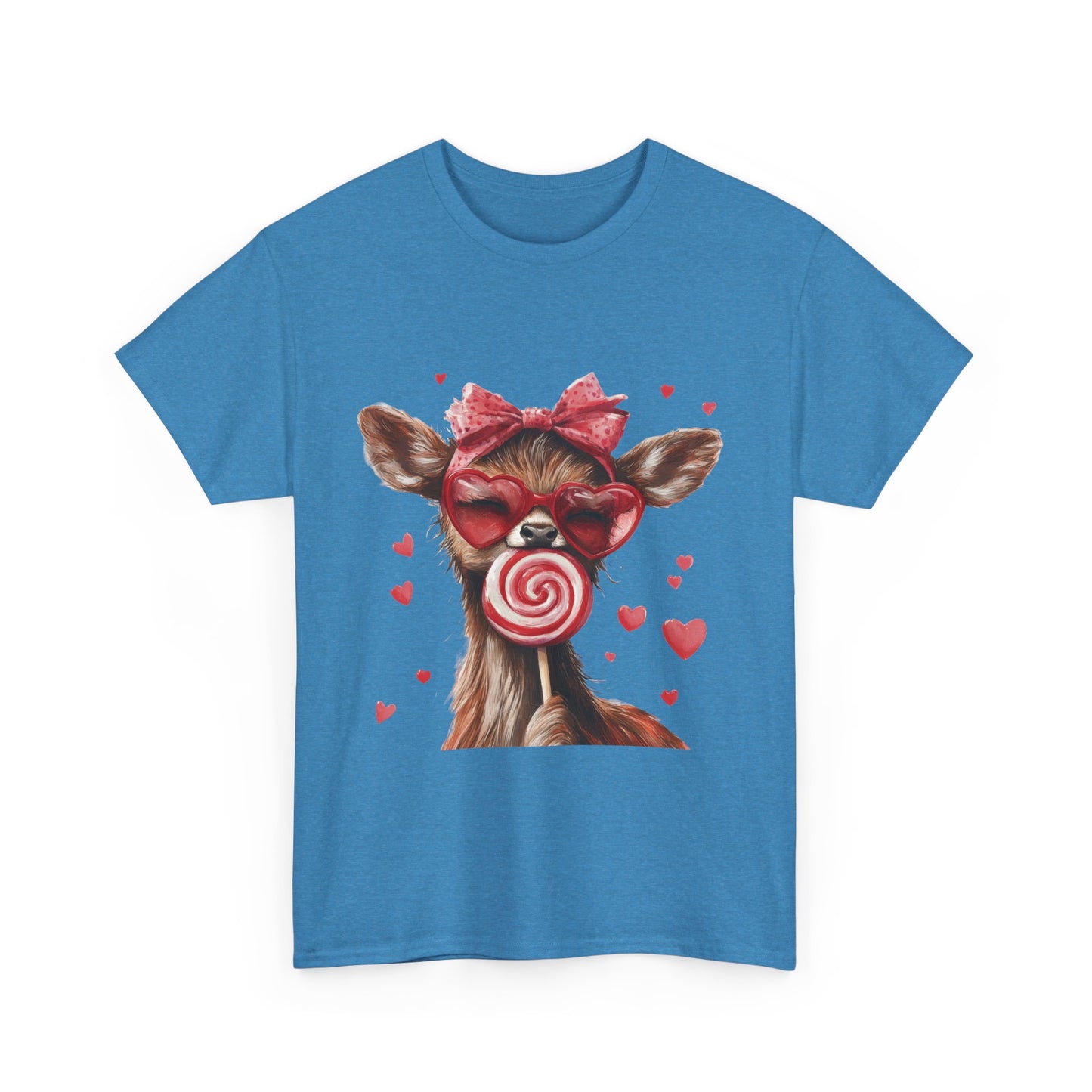 Cute Deer with Heart Glasses and Lollipop, Valentine's Day Heavy Cotton Tee, Fun Animal Love Shirt Gift for Her, Animal Lovers Shirt