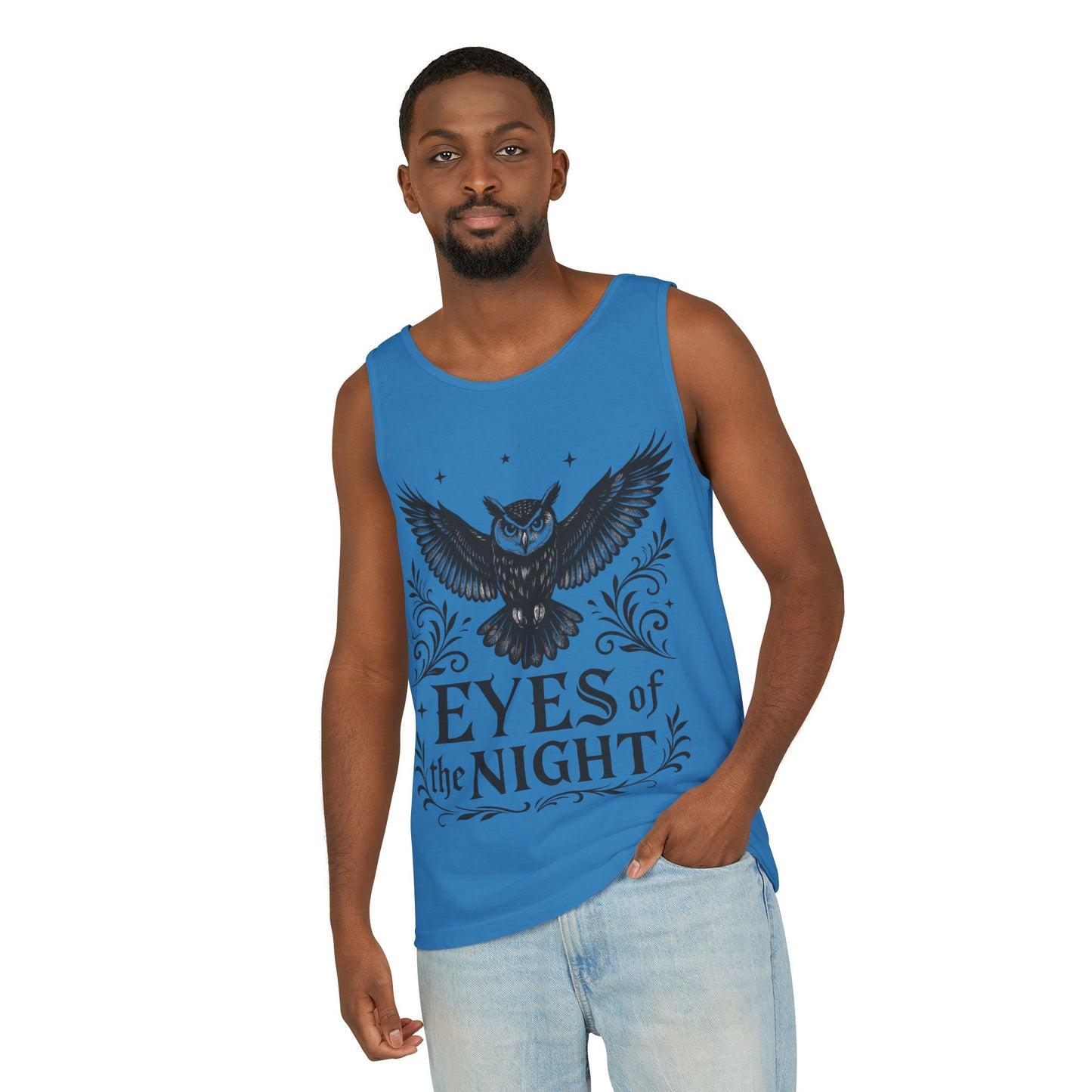 Eyes of the Night Owl Tank Top, Mens Summer Wear, Boho Aesthetic, Festival Outfit, Nature Lover Gift, Halloween Apparel