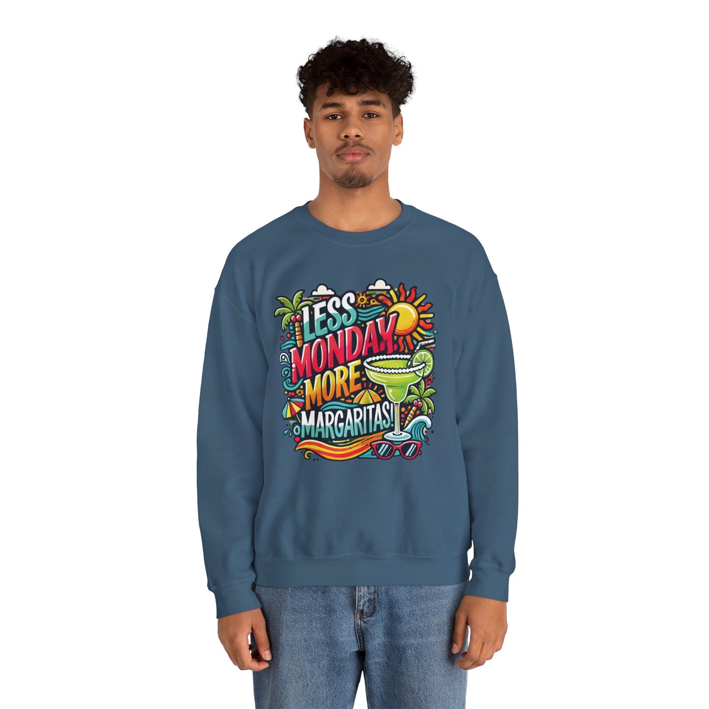 Less Monday More Margaritas Crewneck Sweatshirt, Funny Summer Unisex Beach Vibes Pullover, Fun Unisex Crewneck, Summer Parties Sweatshirt