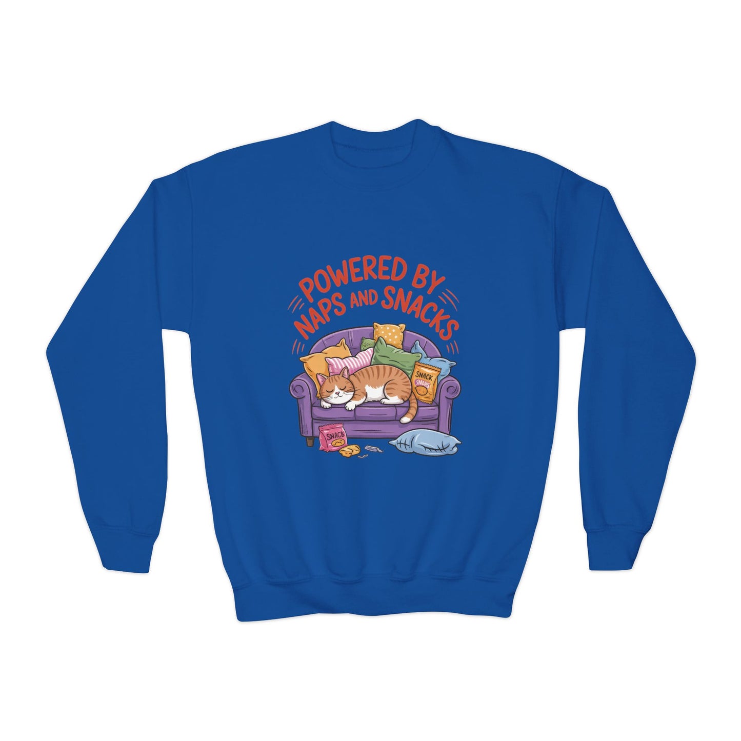 Youth Sweatshirt - Powered by Naps and Snacks, Cozy Apparel for Kids, Perfect for Chill Days, Gift for Cat Lovers, Funny Sweatshirt