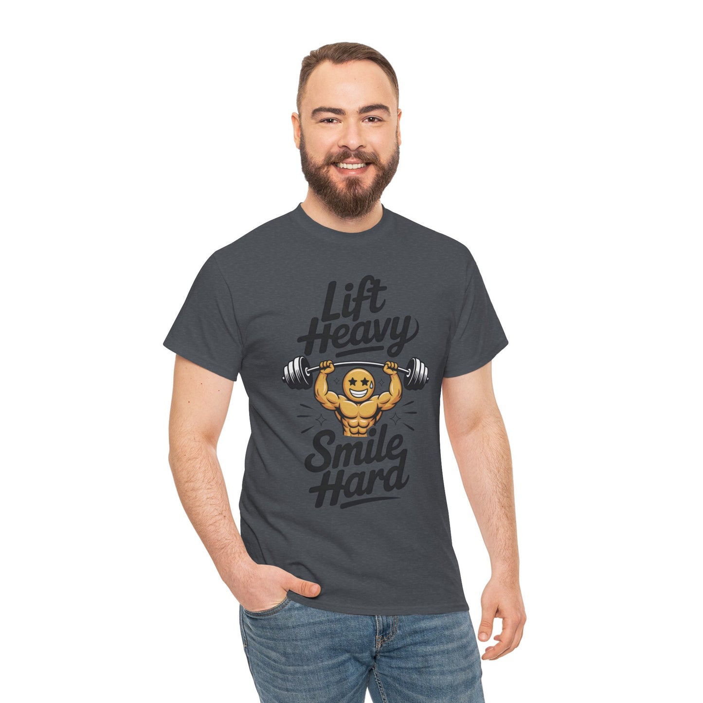 Mens Lift Heavy Smile Hard T-Shirt, Funny Gym Workout Graphic Tee, Mens Gym Tshirt