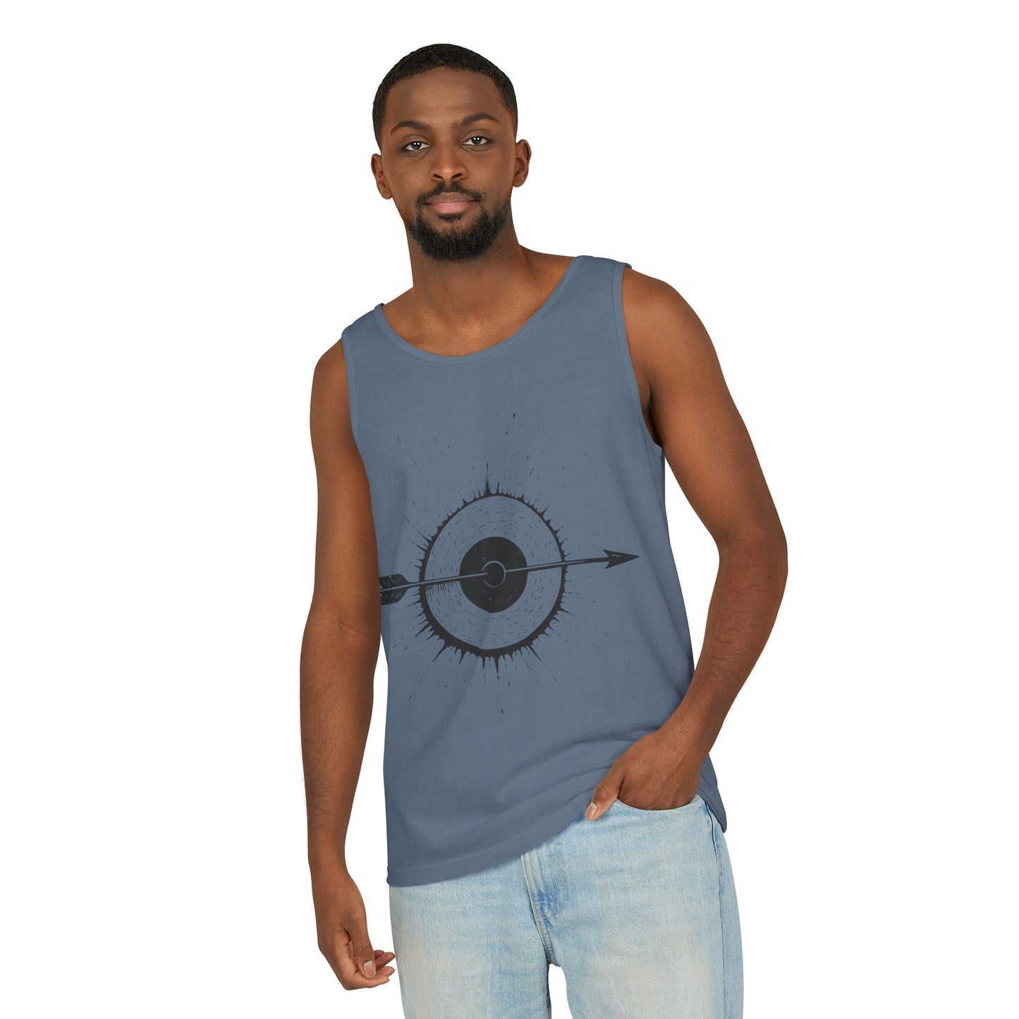 Mens Garment-Dyed Tank Top with Target Arrow Design, Casual Wear, Summer Essentials, Gym Wear, Gifts for Archery Lovers