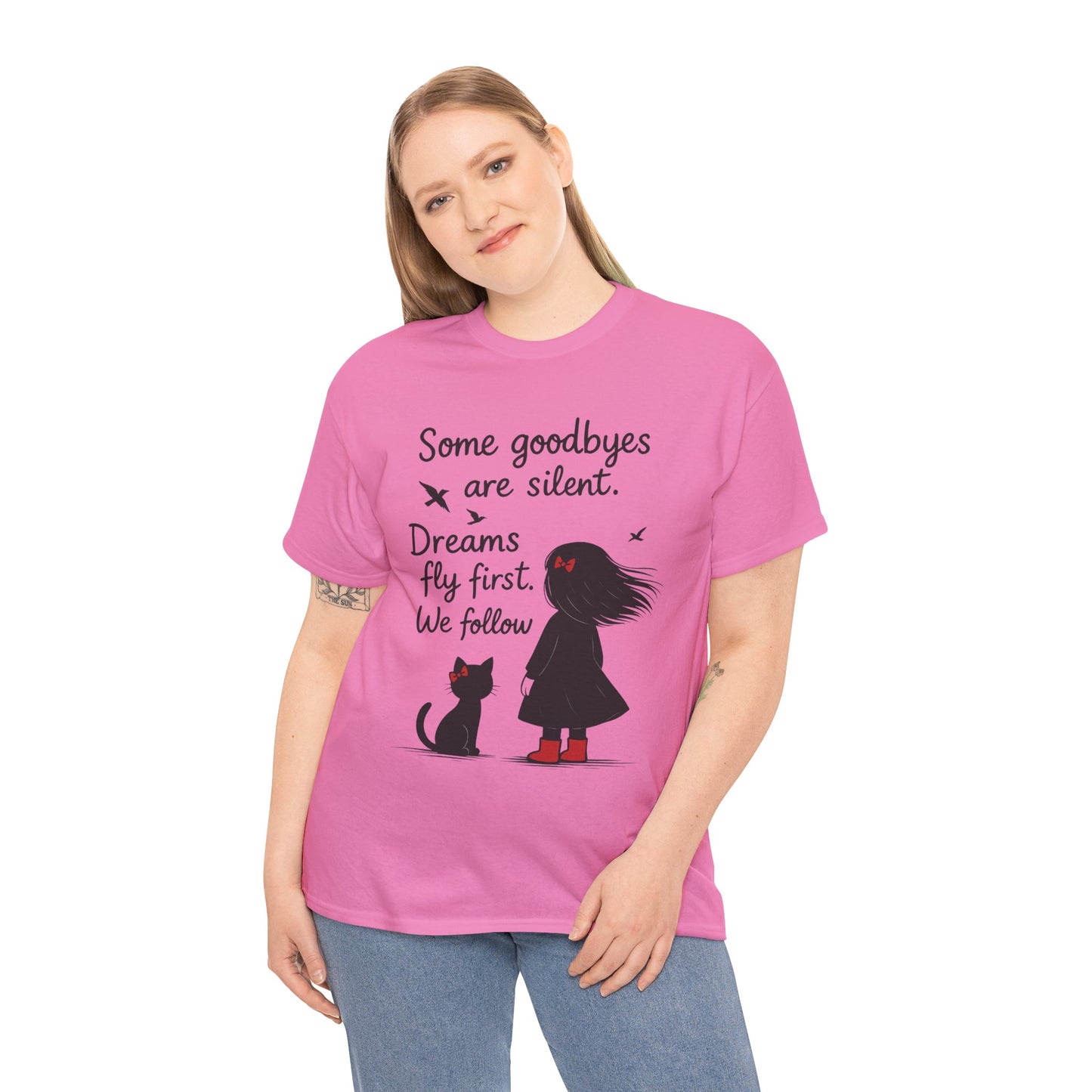 Emotional Hand Drawn Womens T-Shirt, Minimalist Red Dress Girl and Cat Graphic Tee, Cat Lover Gift