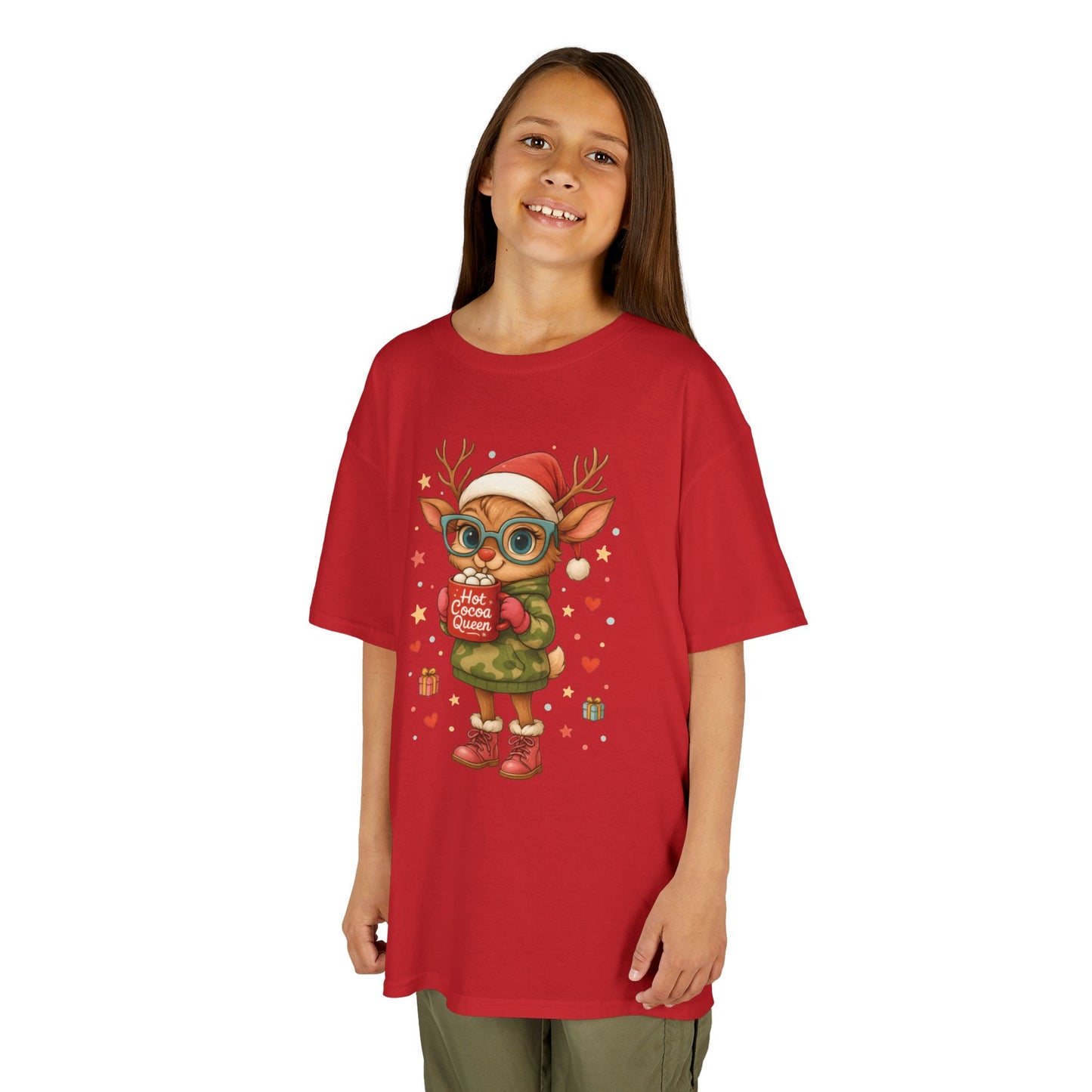 Hot Cocoa Queen Christmas T-Shirt for Girls, Cute Holiday Reindeer Tee