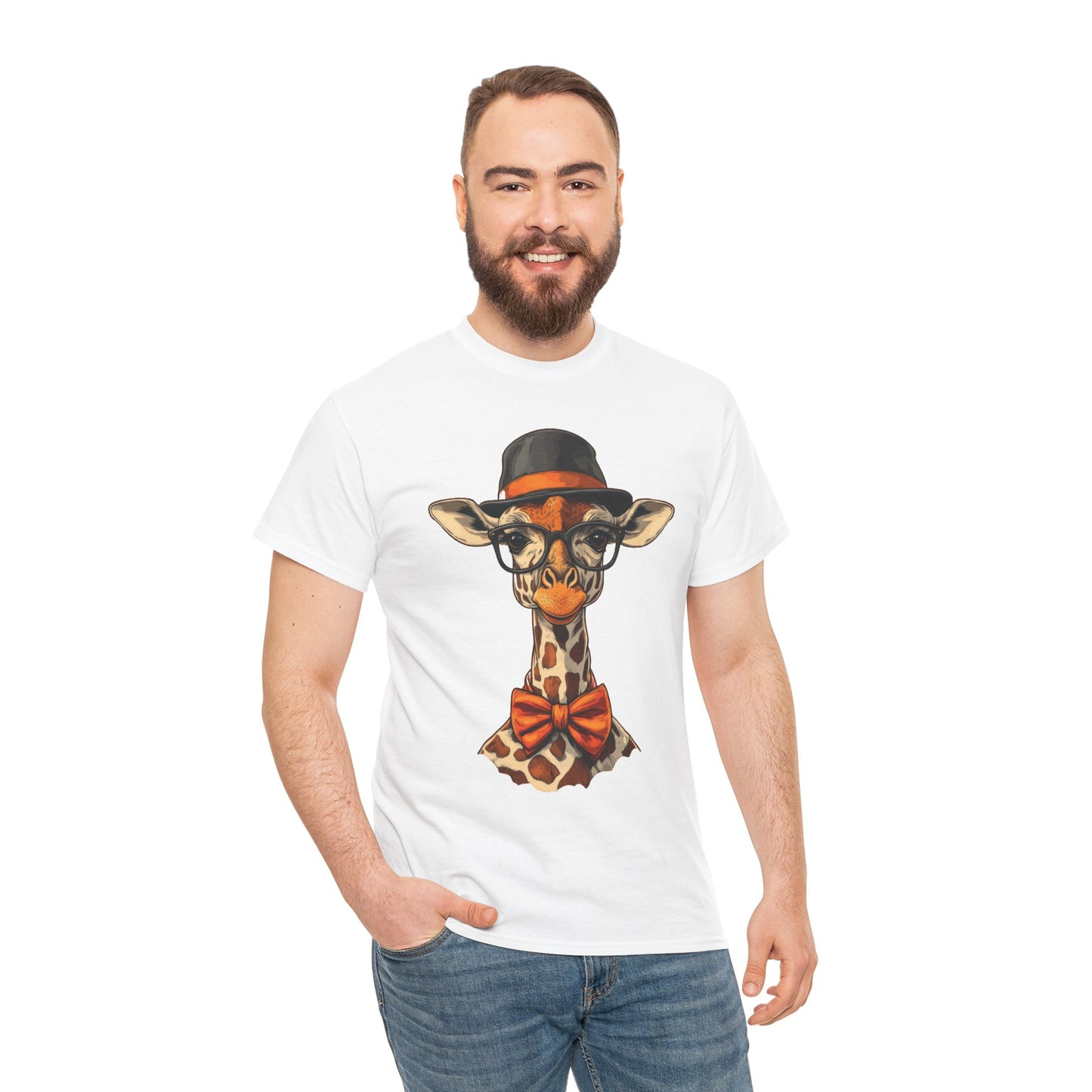 Hipster Giraffe T-Shirt with Hat and Glasses, Whimsical Giraffe Tee, Fun Gift, Cute Graphic Shirt, Unisex Heavy Cotton Tee