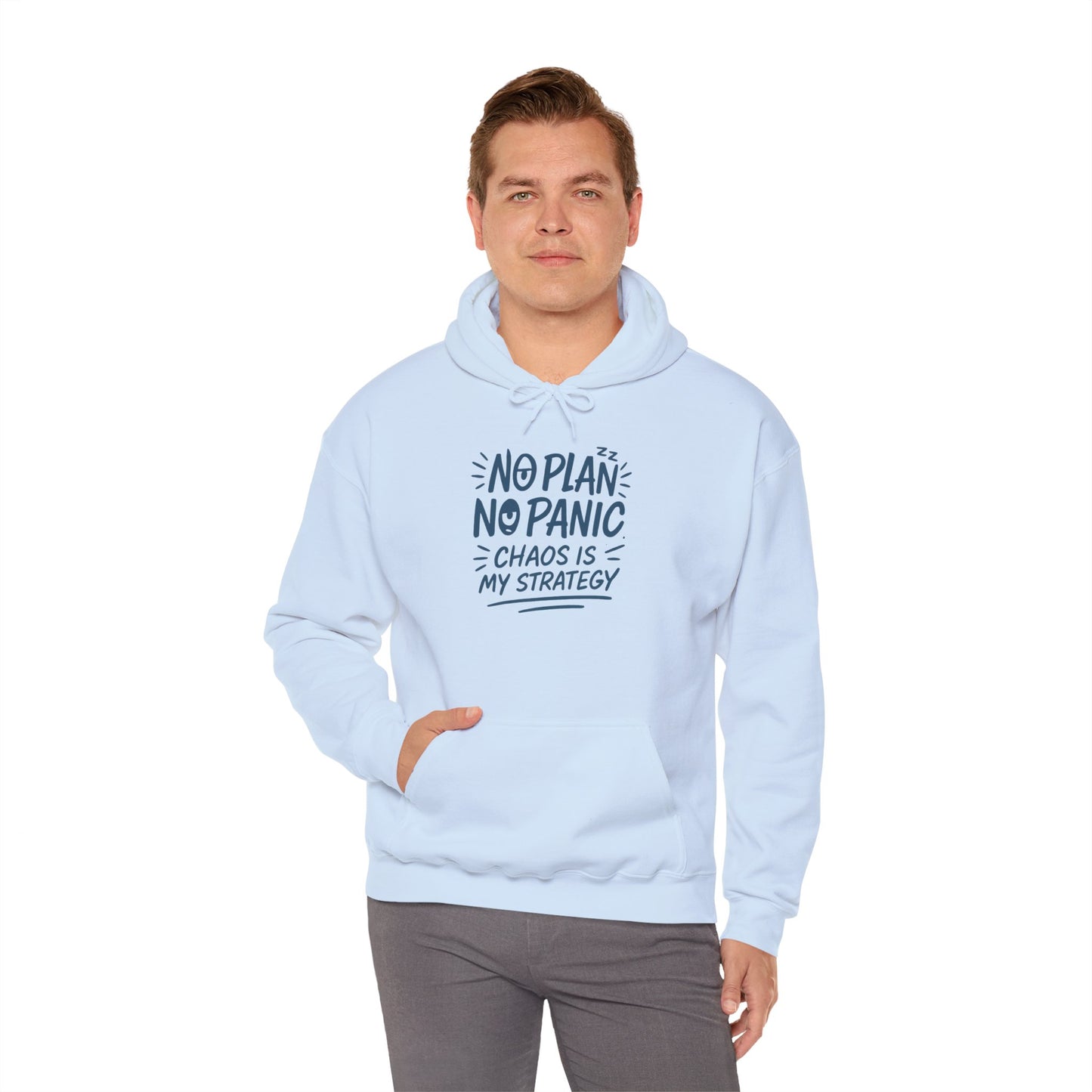 Funny Chaos Strategy Mens Hoodie, No Plan No Panic Quote Hoodie, Cozy Relaxed Fit Pullover, Humorous Gift for Him, Unisex Pullover
