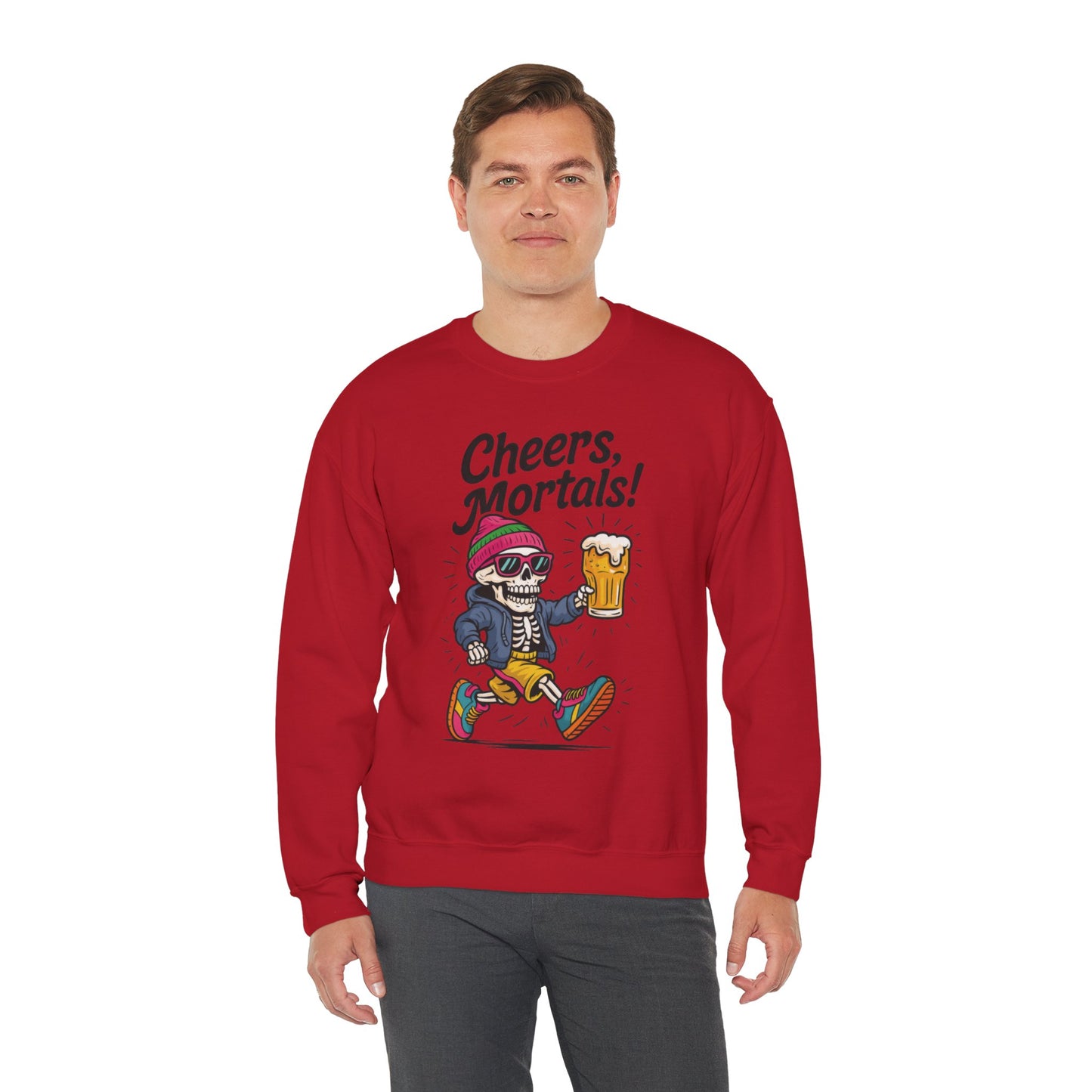 Cheers Mortals! Mens Crewneck Sweatshirt, Skeleton Beer Pullover with Hood, Drinking Humor Sweatshirt, Party Gift for Him, Halloween Apparel