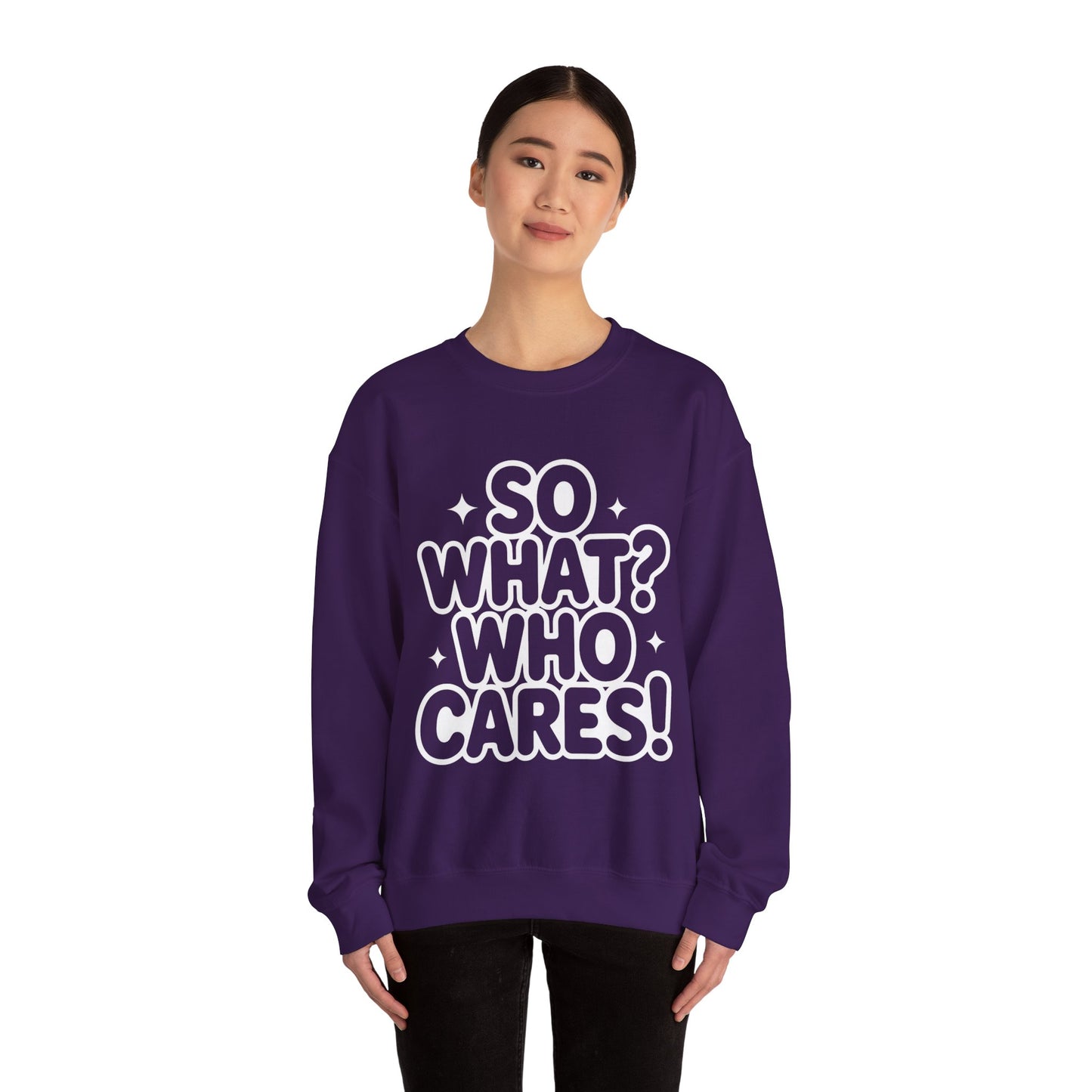 Trendy Womens Crewneck Sweatshirt with 'So What? Who Cares!' Print, Funny Typography Sweater, Sassy Graphic Sweater for Women