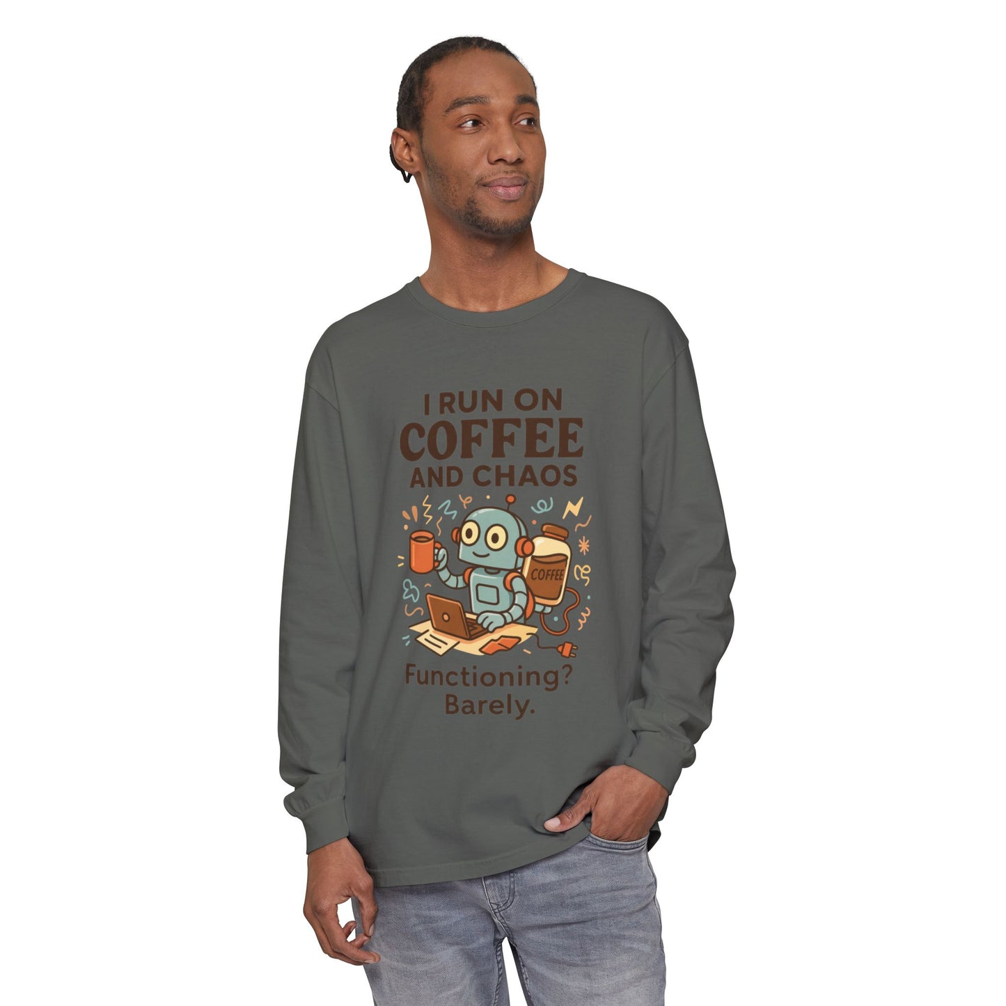 Coffee Chaos Long Sleeve Tee, Funny T-Shirt, Quirky Gift for Coffee Lovers, Unisex Top for Busy Lives, Work from Home Humor Tee