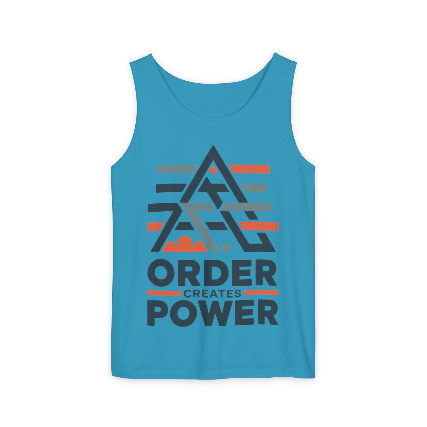 Mens Garment-Dyed Tank Top, Mens Tank Top Order Creates Power, Minimal Geometric Motivational Graphic Summer Shirt