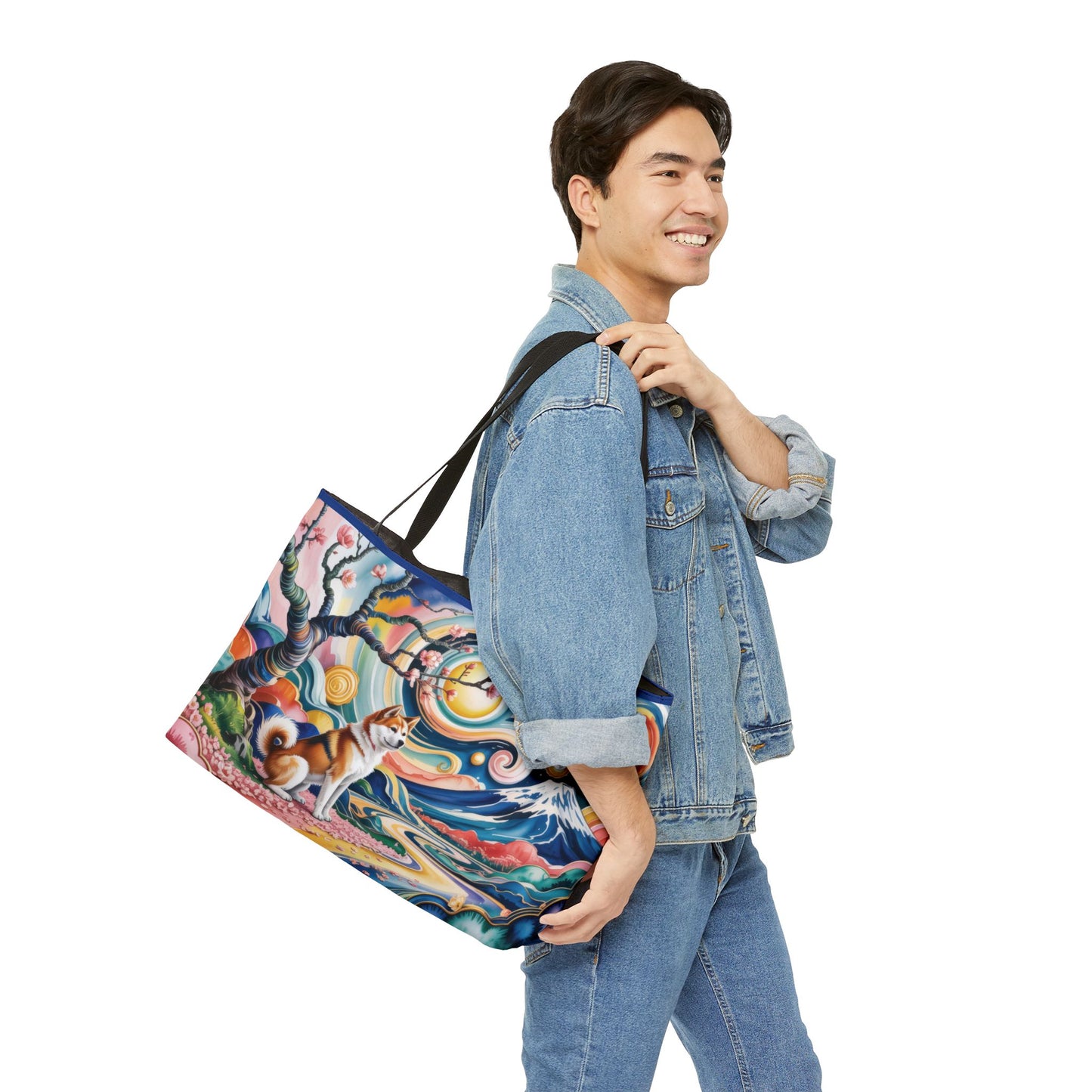 Colorful Shiba Inu Weekender Bag, Japanese Art Beach Tote, Large Travel Bag with Mt Fuji and Sakura, Dog Lover Gift, Summer Tote Bag